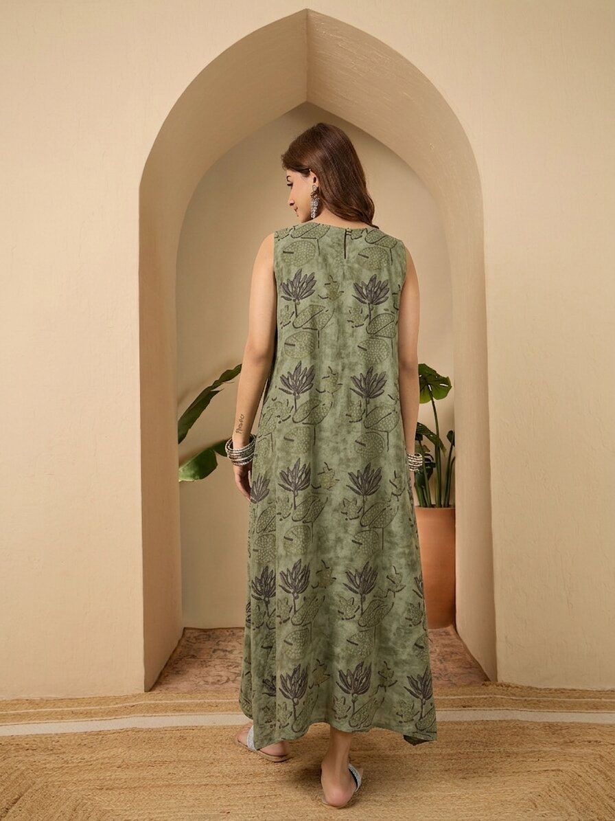 Green Lotus Print Round Neck Long Dress