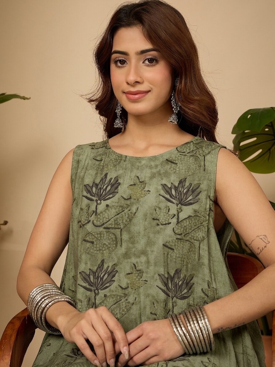Green Lotus Print Round Neck Long Dress