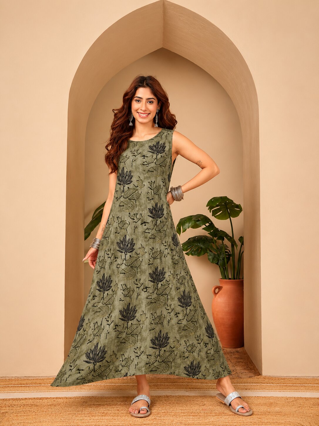 Green Lotus Print Round Neck Long Dress