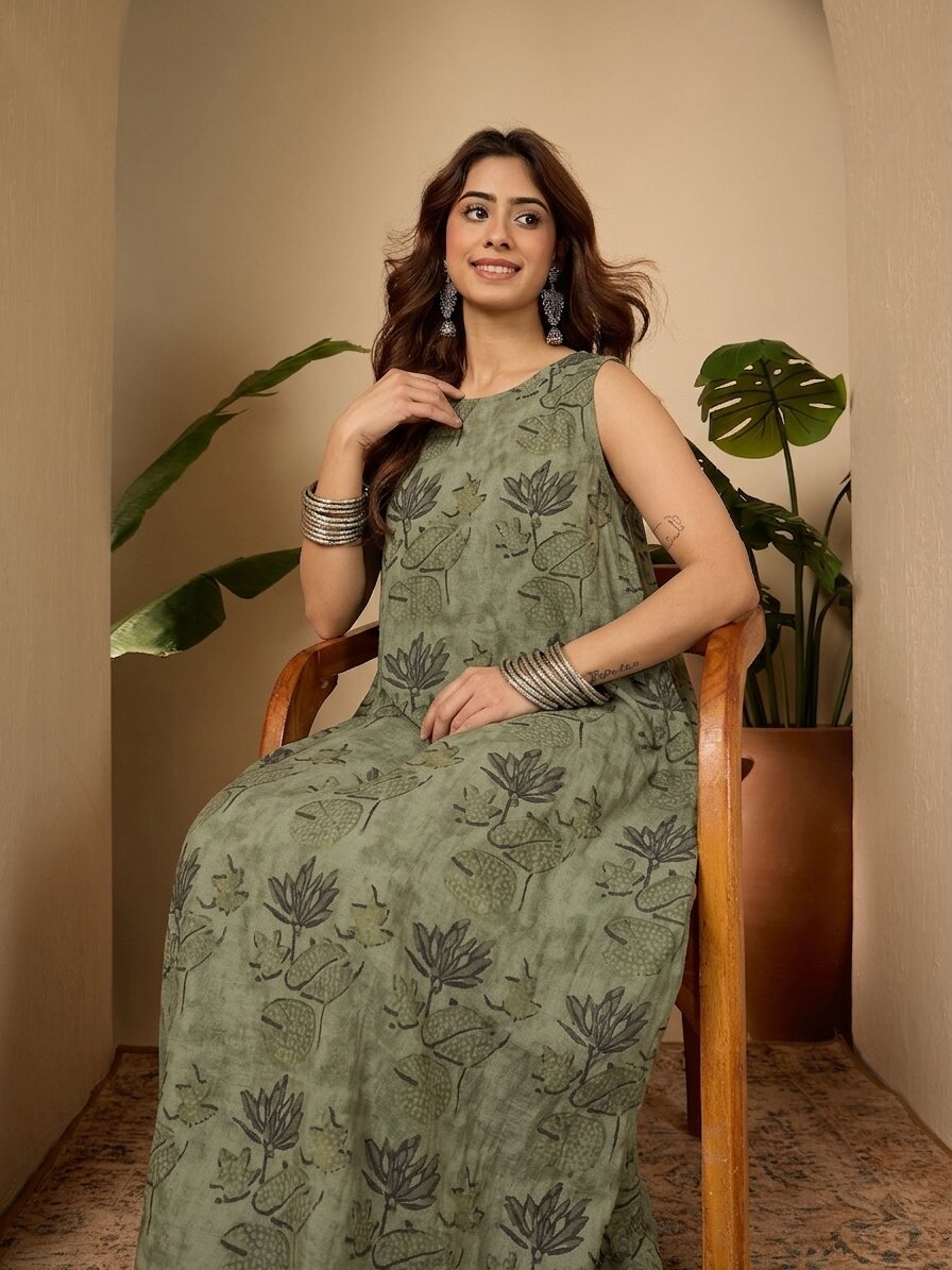 Green Lotus Print Round Neck Long Dress