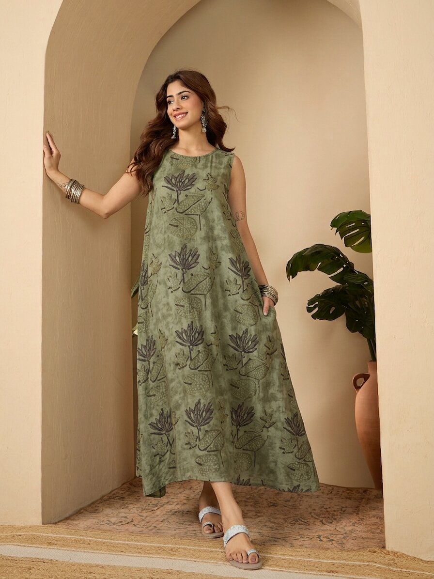 Green Lotus Print Round Neck Long Dress