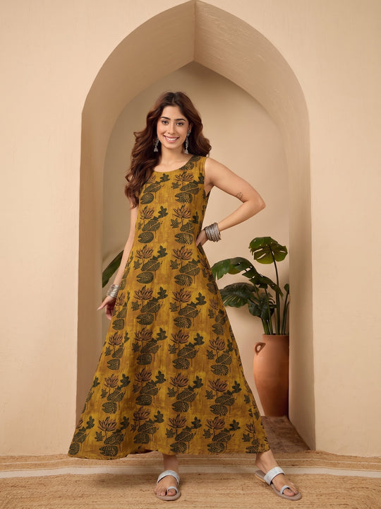 Yellow Lotus print Round Neck Long Dress