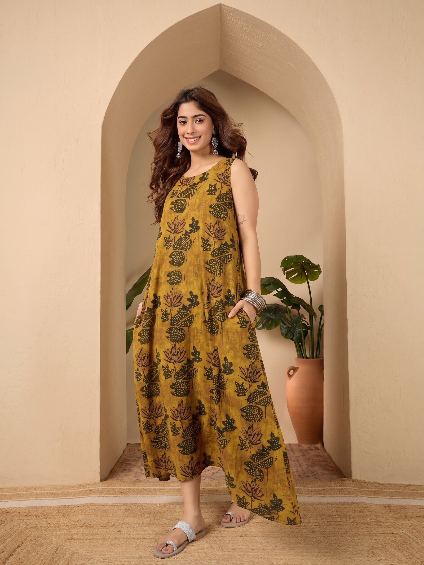 Yellow Lotus print Round Neck Long Dress