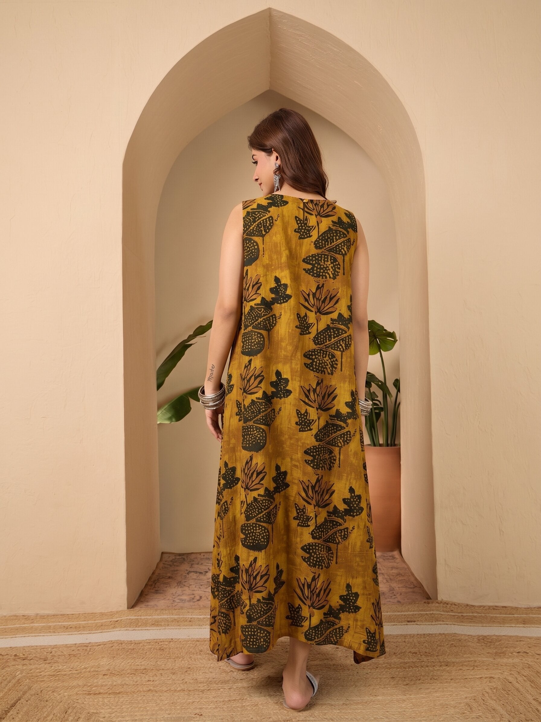 Yellow Lotus print Round Neck Long Dress