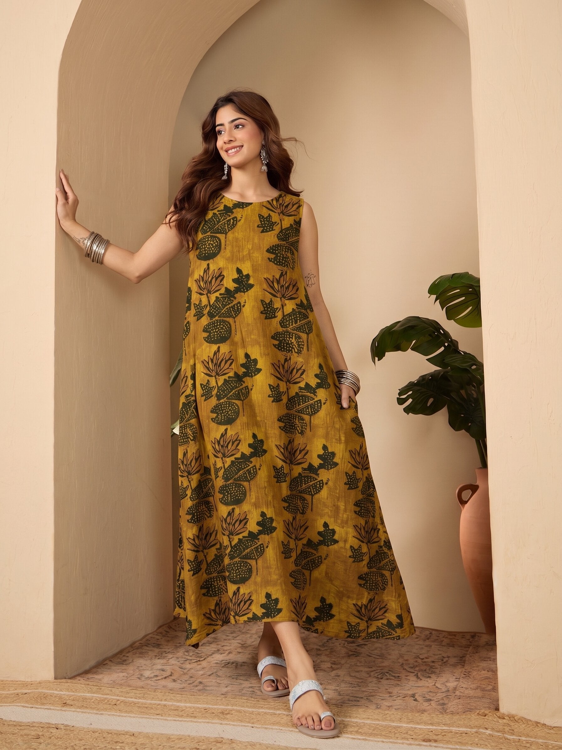 Yellow Lotus print Round Neck Long Dress