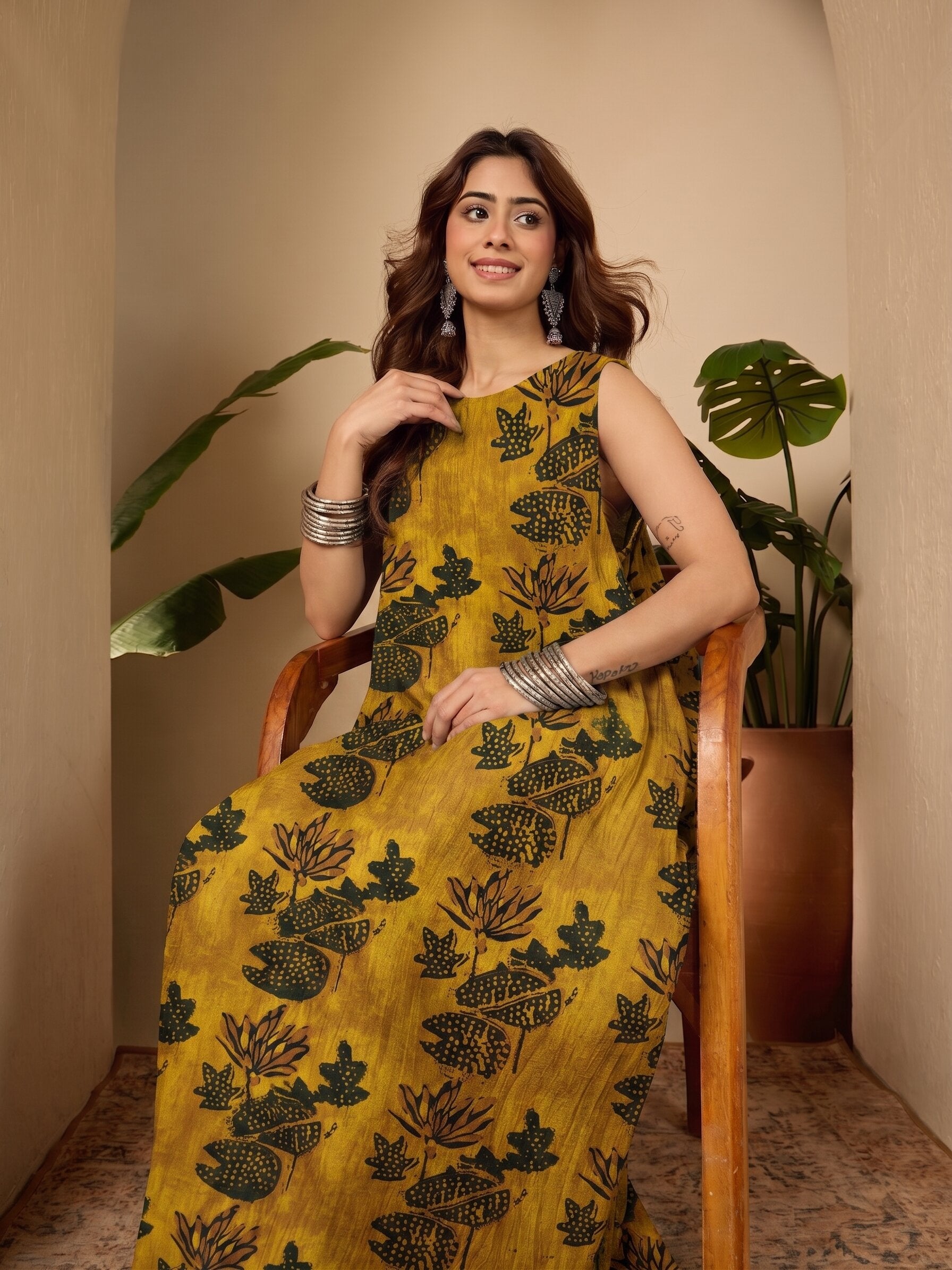Yellow Lotus print Round Neck Long Dress
