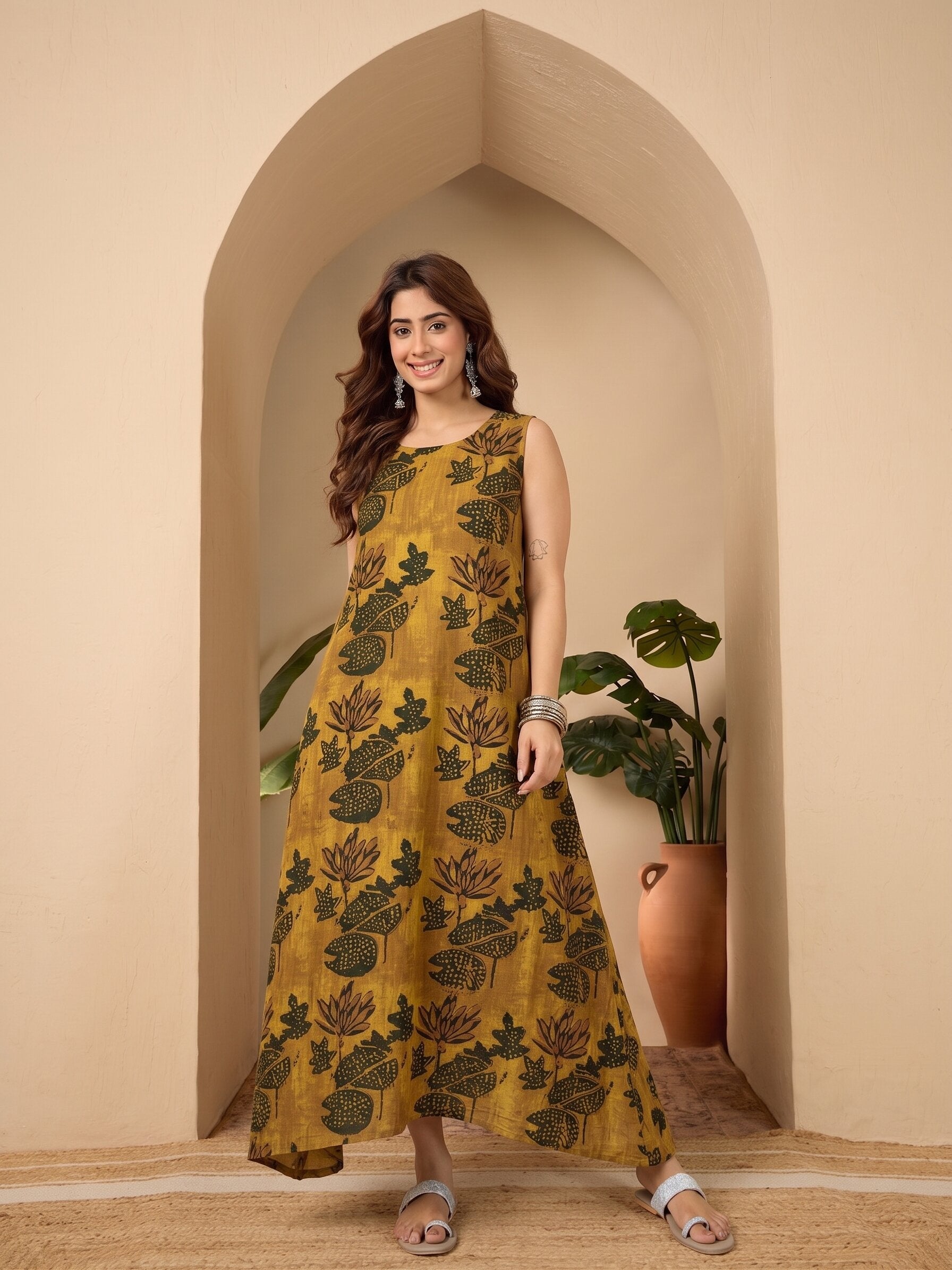 Yellow Lotus print Round Neck Long Dress