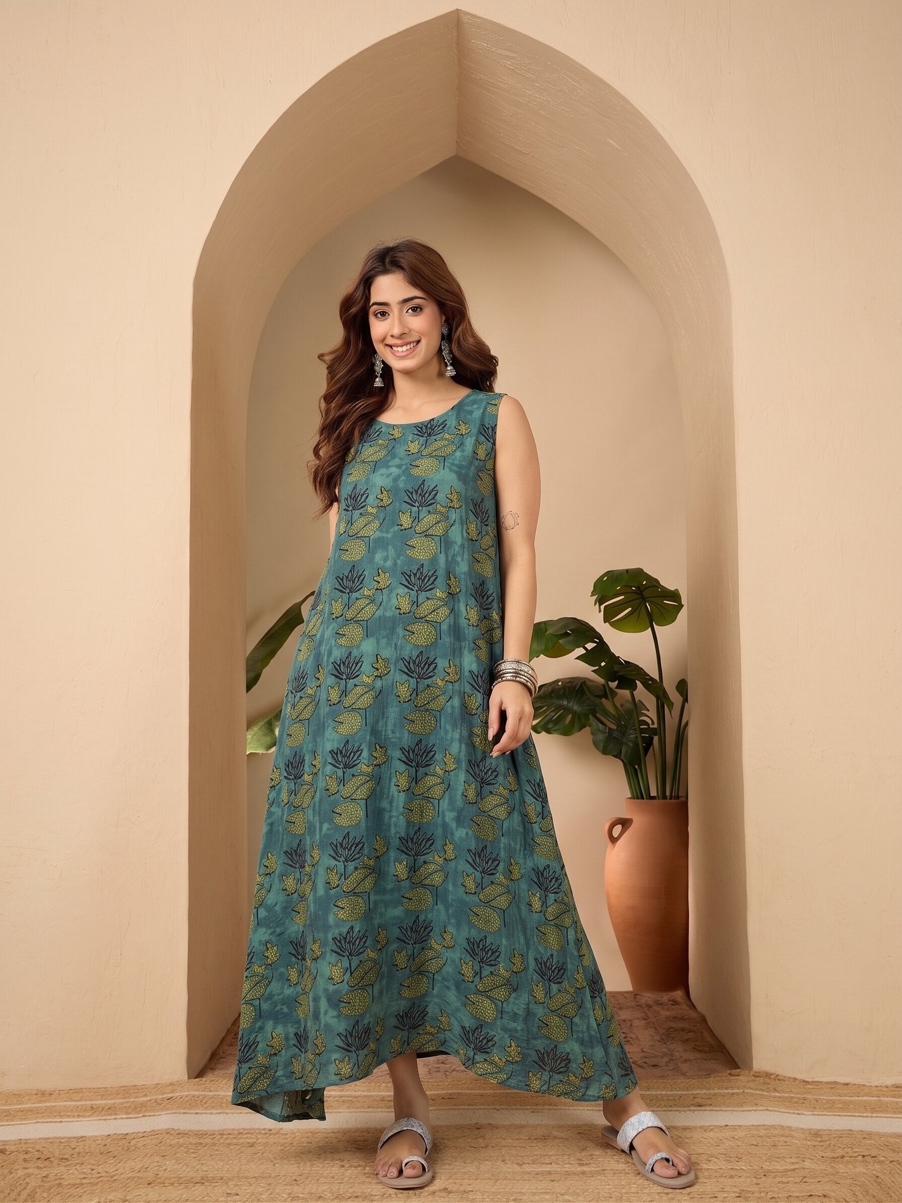 Teal Lotus Printed Round Neck Long Dress