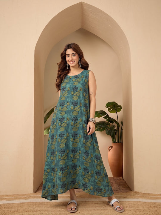Teal Lotus Printed Round Neck Long Dress