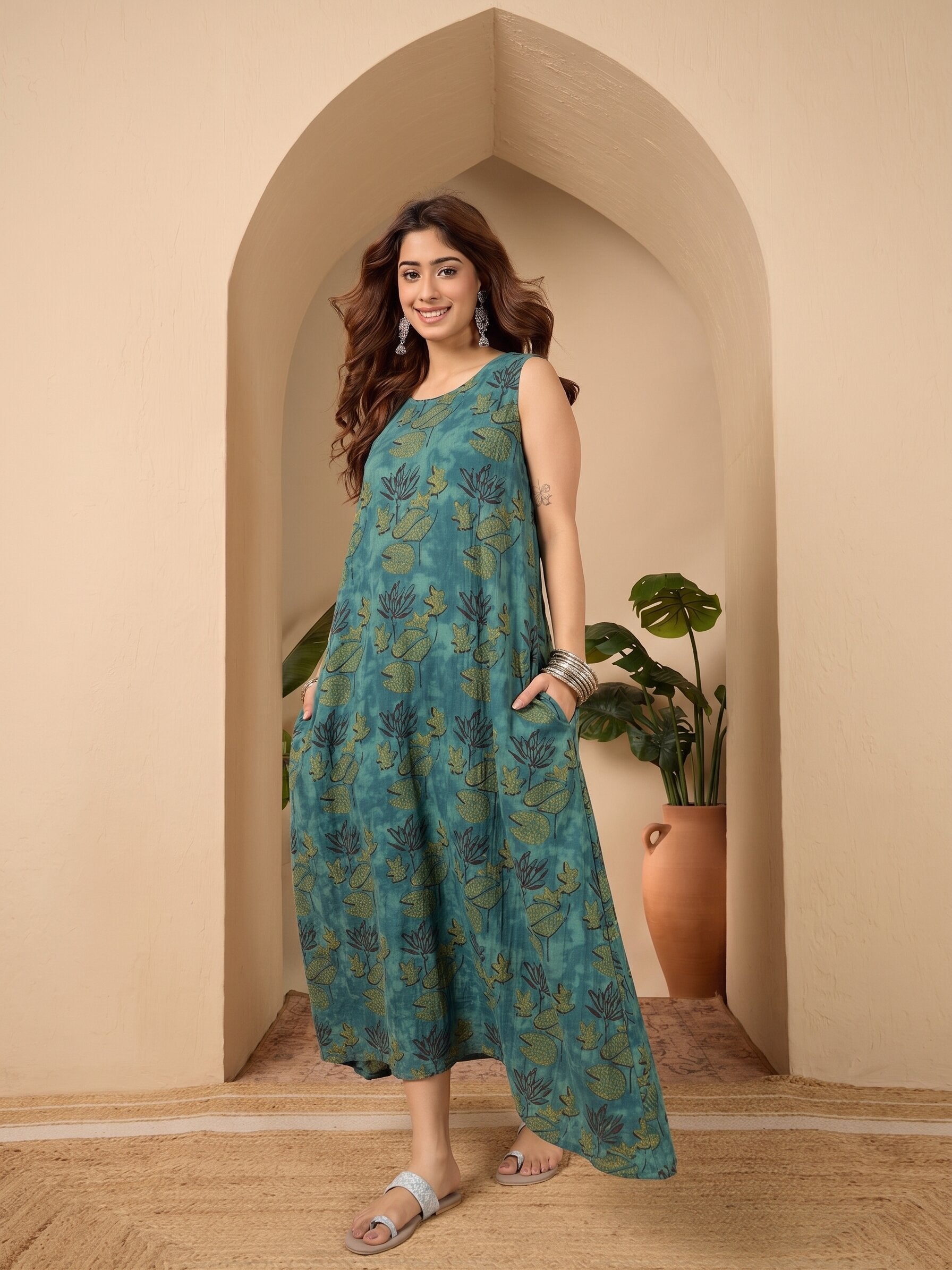 Teal Lotus Printed Round Neck Long Dress