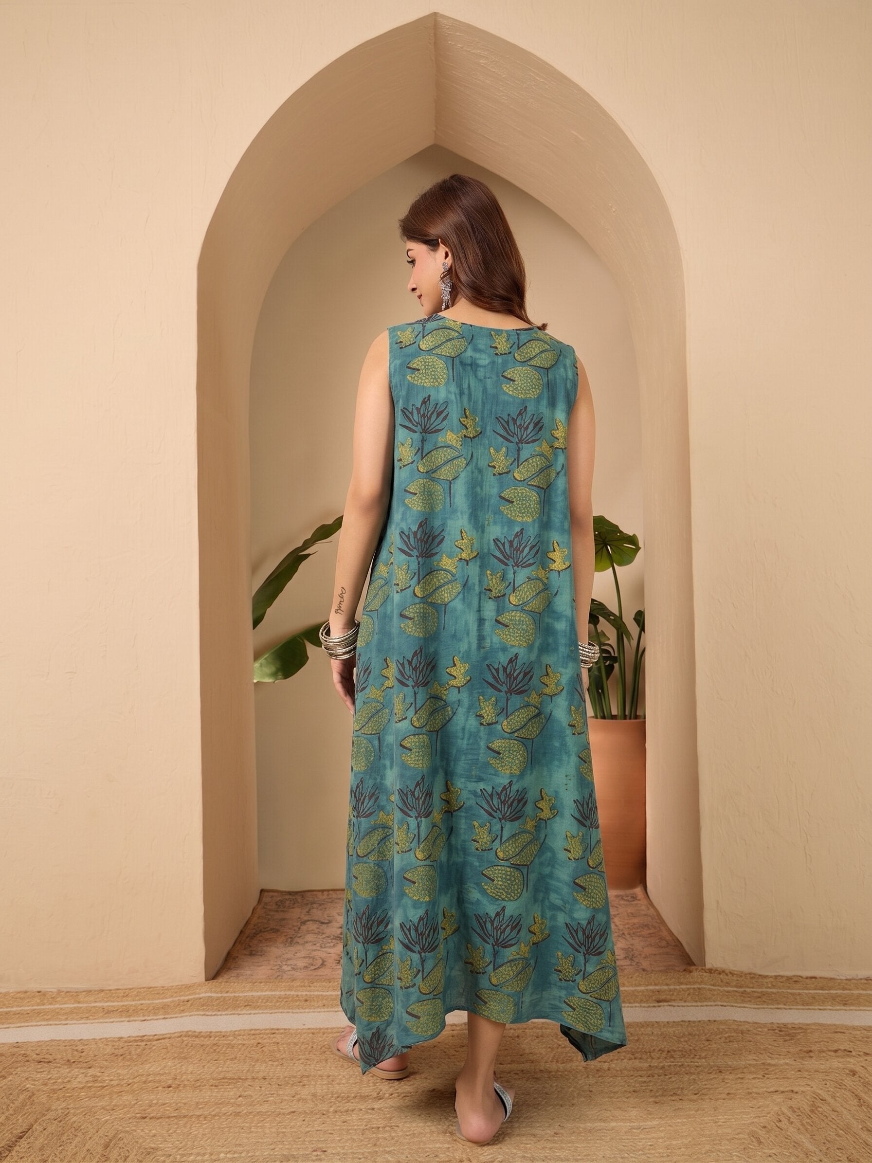 Teal Lotus Printed Round Neck Long Dress