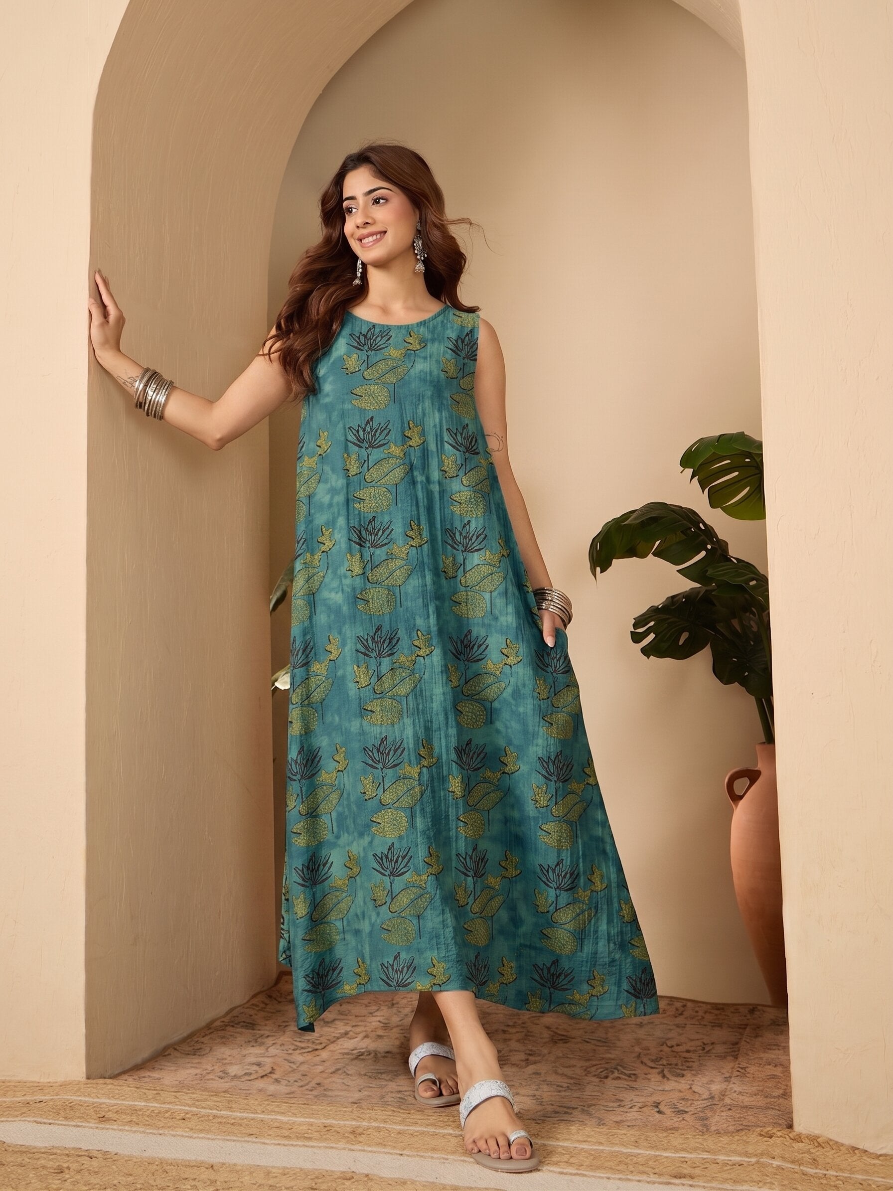 Teal Lotus Printed Round Neck Long Dress