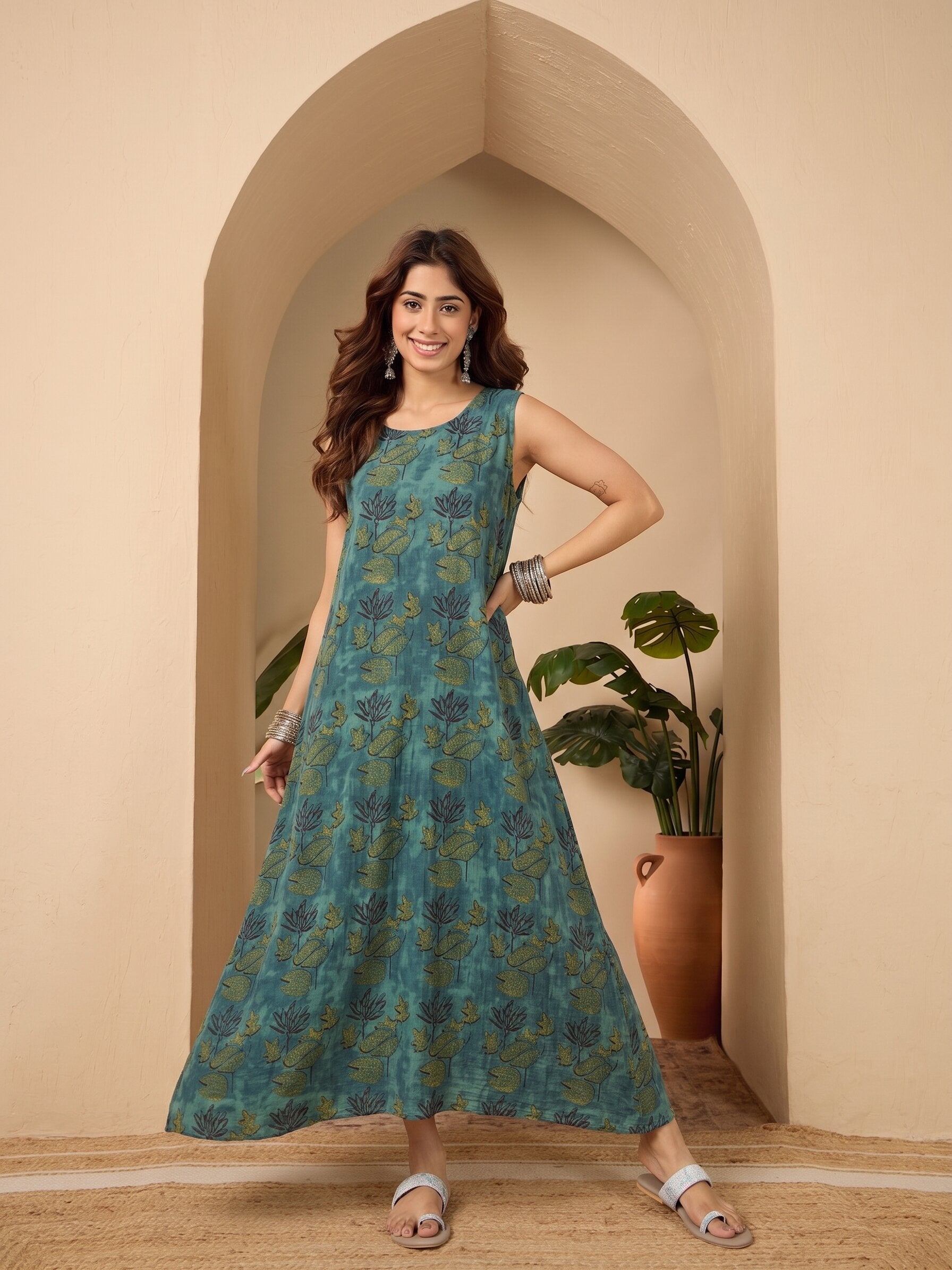 Teal Lotus Printed Round Neck Long Dress