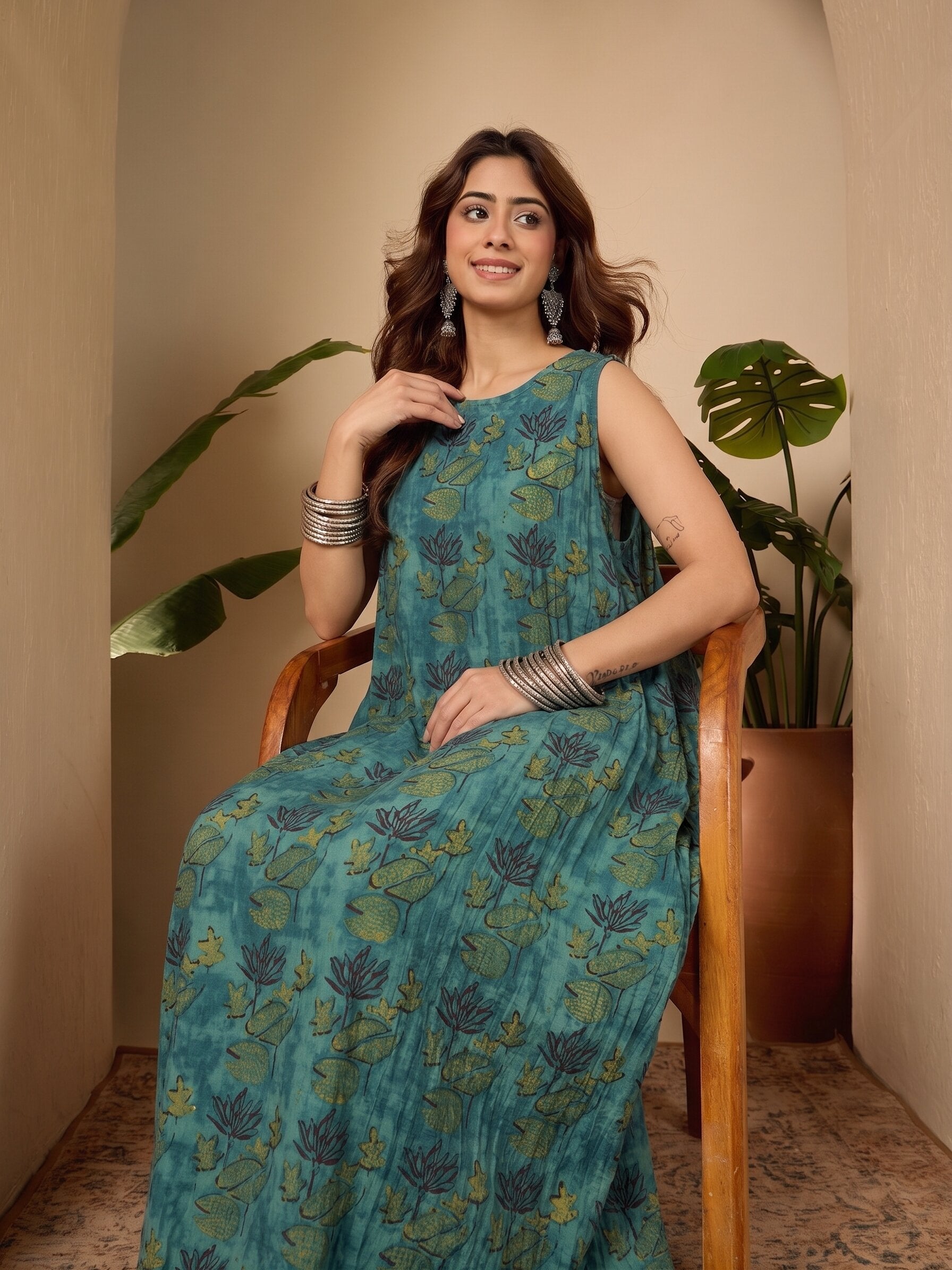 Teal Lotus Printed Round Neck Long Dress