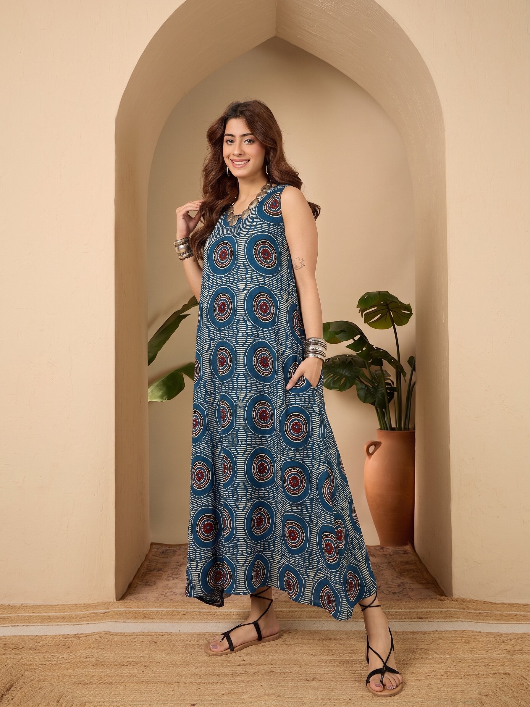 Blue Evil Eye Round Neck Long Dress