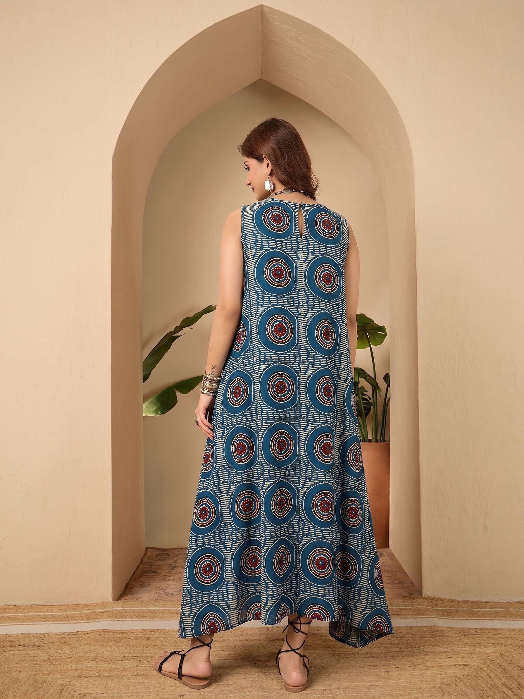 Blue Evil Eye Round Neck Long Dress