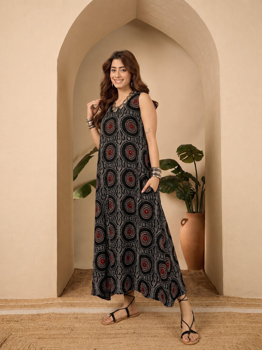 Black Evil Eye Round Neck Long Dress