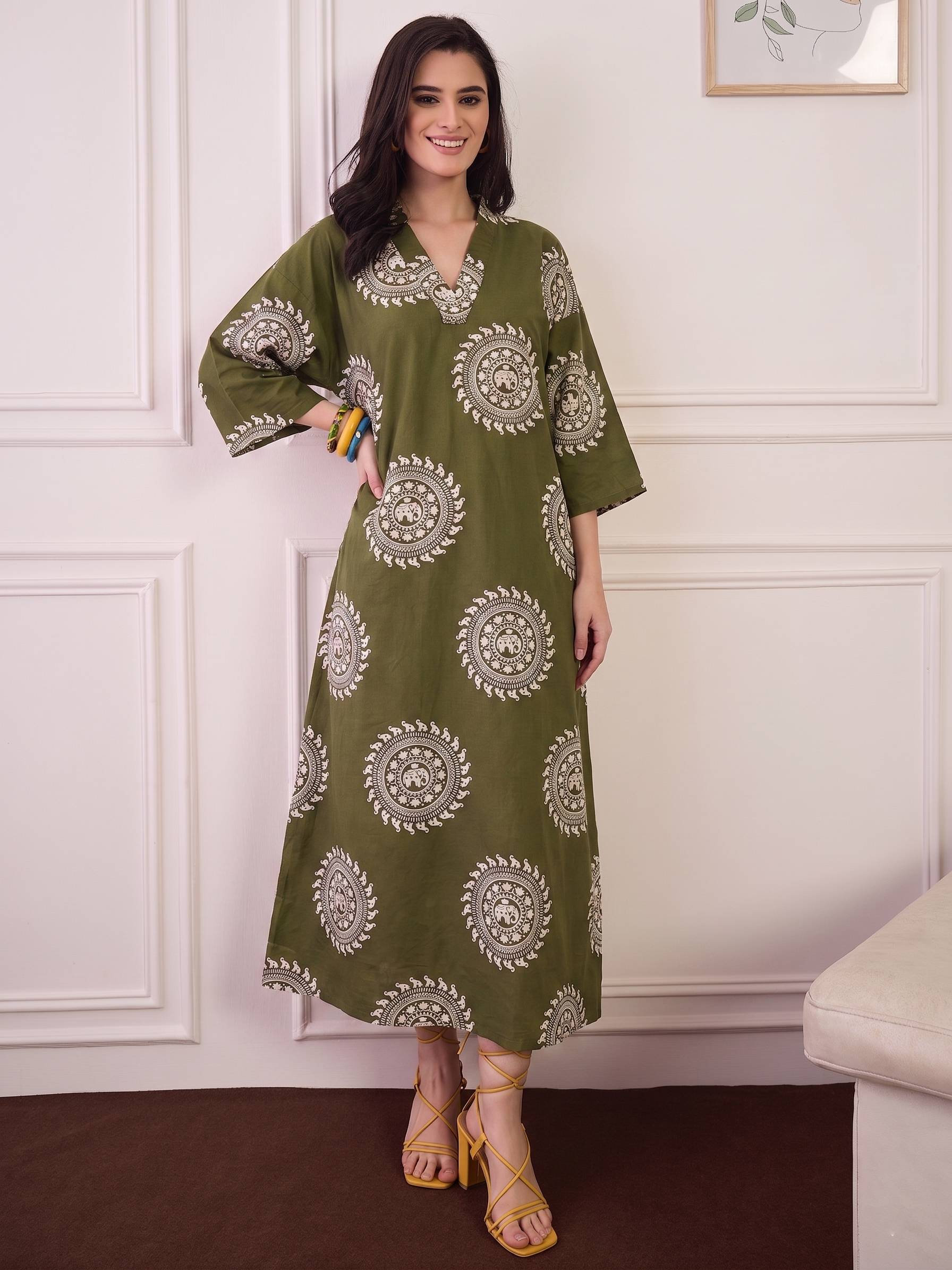 Green Mandala Print V Neck Long Dress
