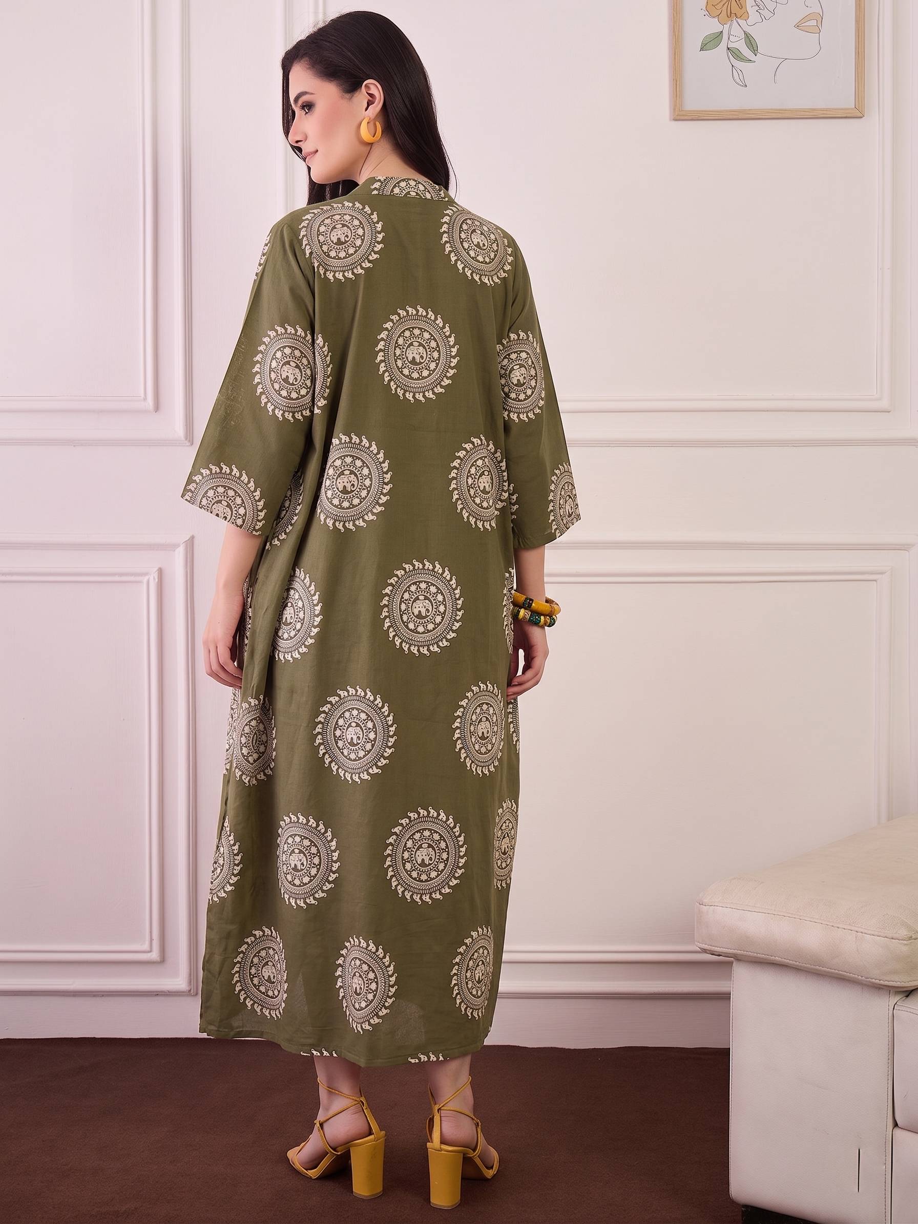 Green Mandala Print V Neck Long Dress