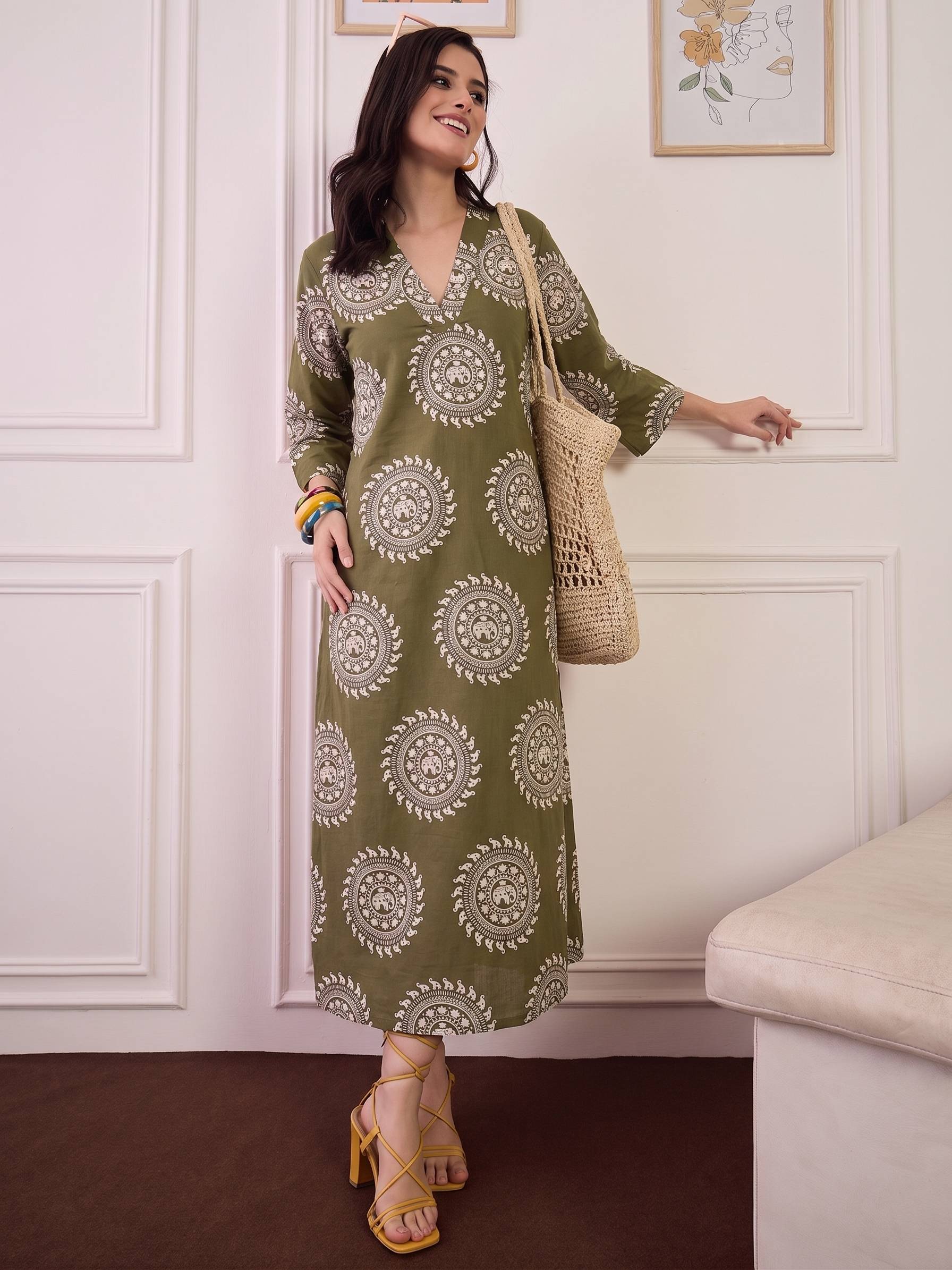 Green Mandala Print V Neck Long Dress