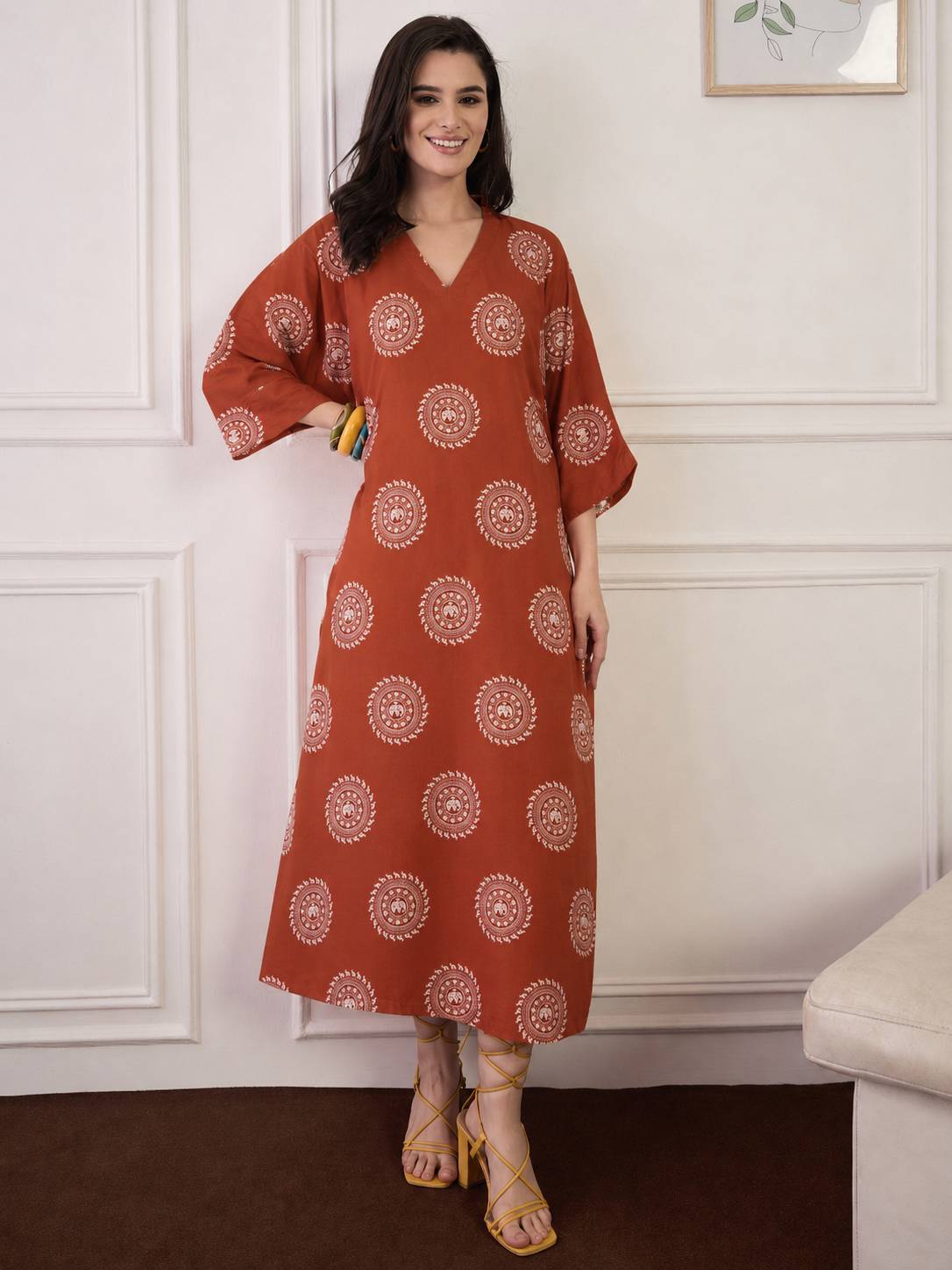 Rust Mandala Print V Neck Long Dress