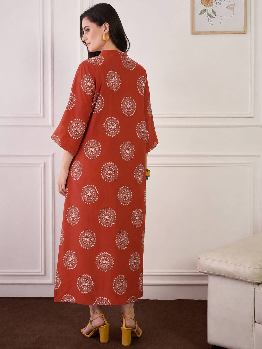 Rust Mandala Print V Neck Long Dress