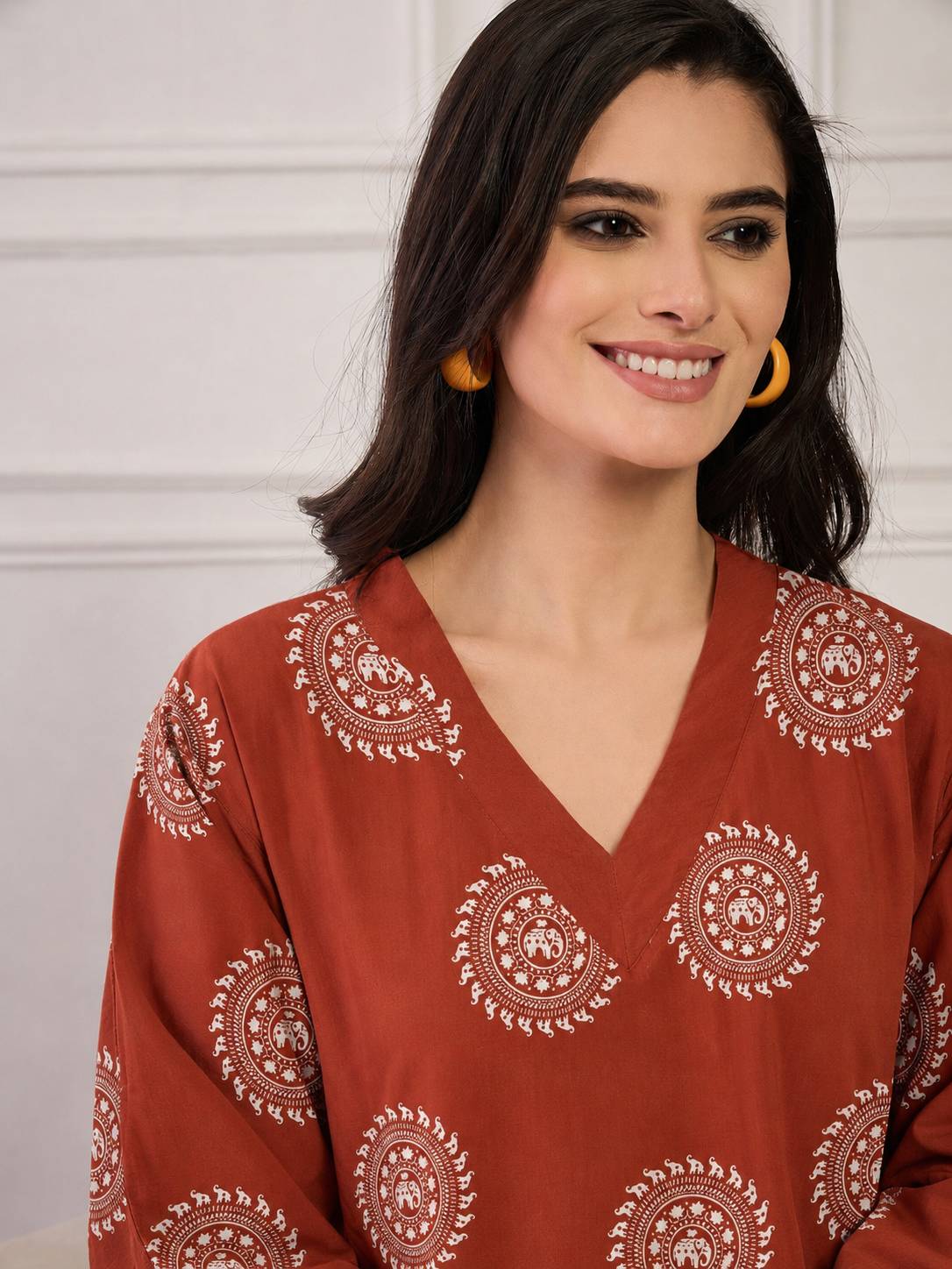 Rust Mandala Print V Neck Long Dress
