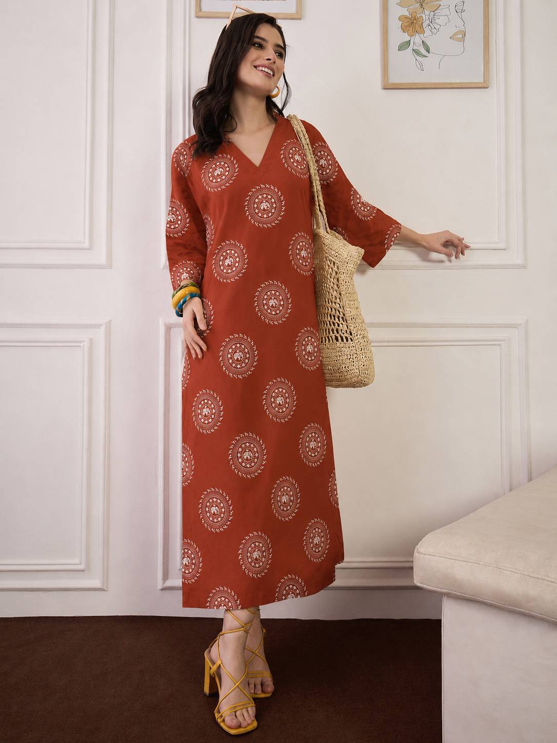 Rust Mandala Print V Neck Long Dress
