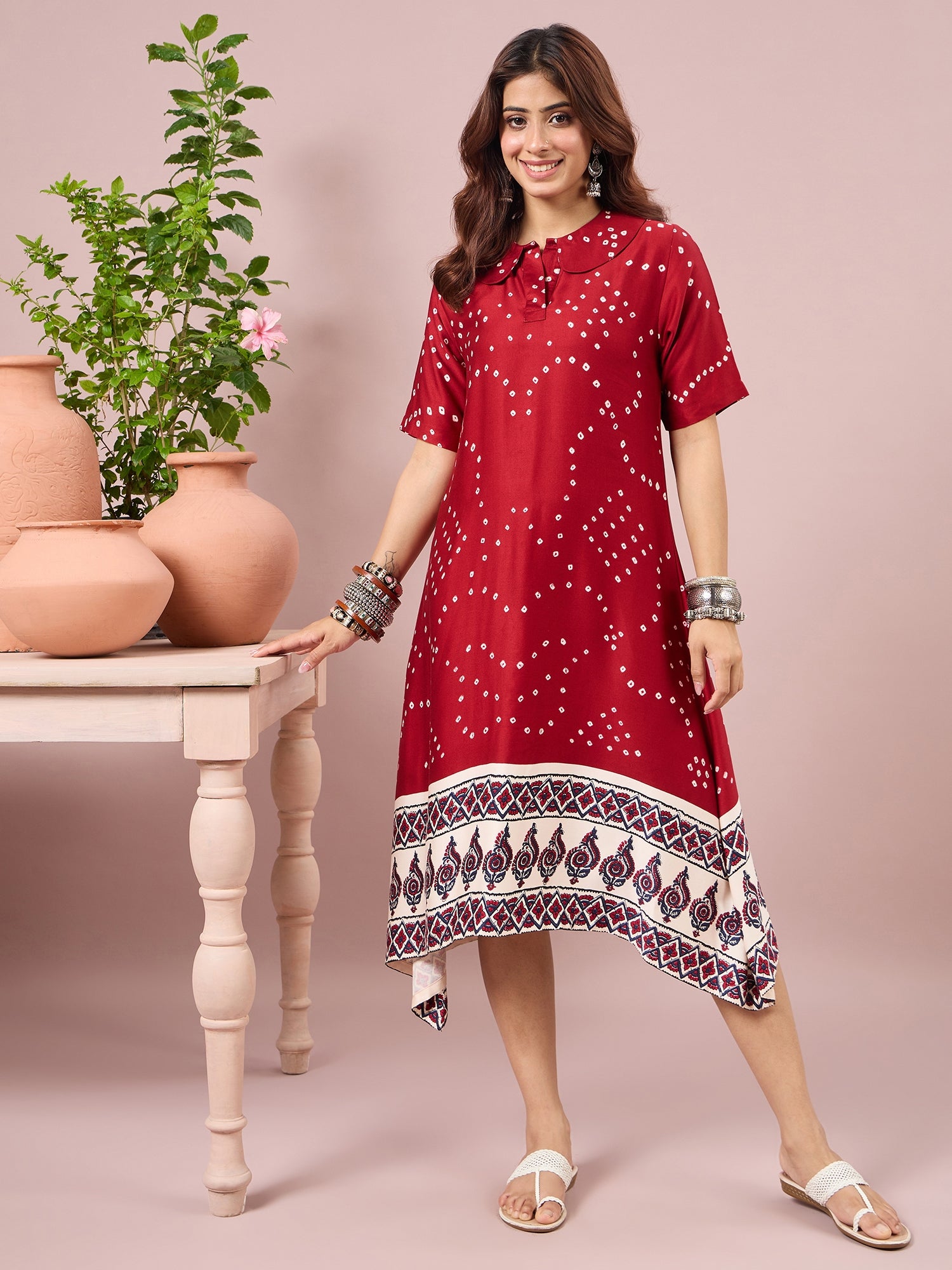Maroon Badhani Printed Border Dress