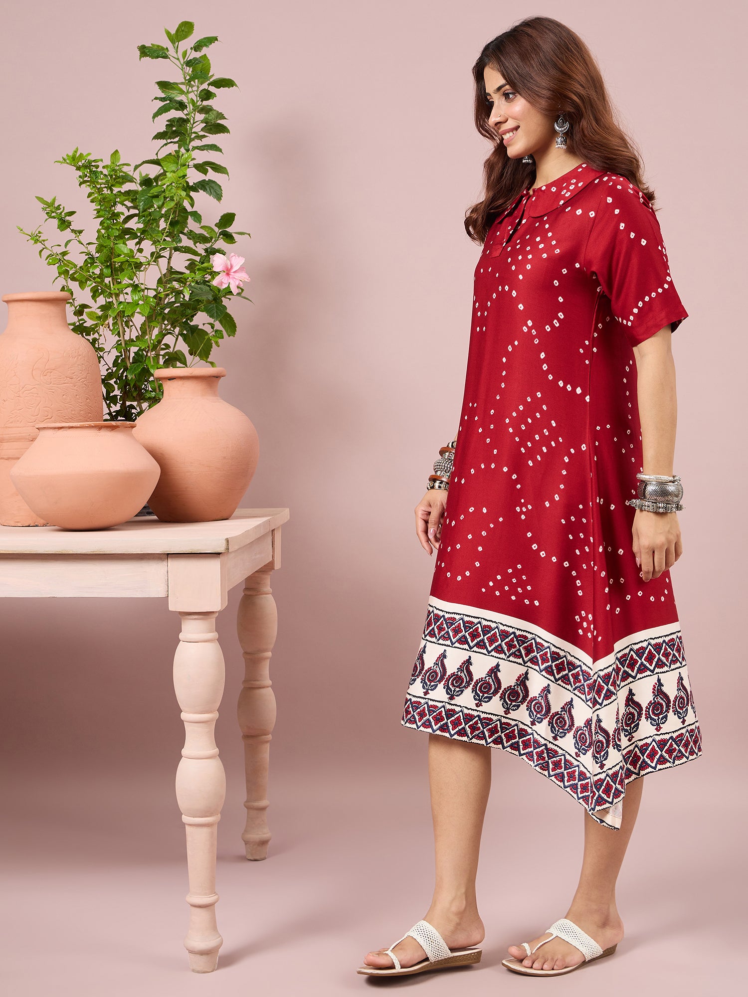 Maroon Badhani Printed Border Dress