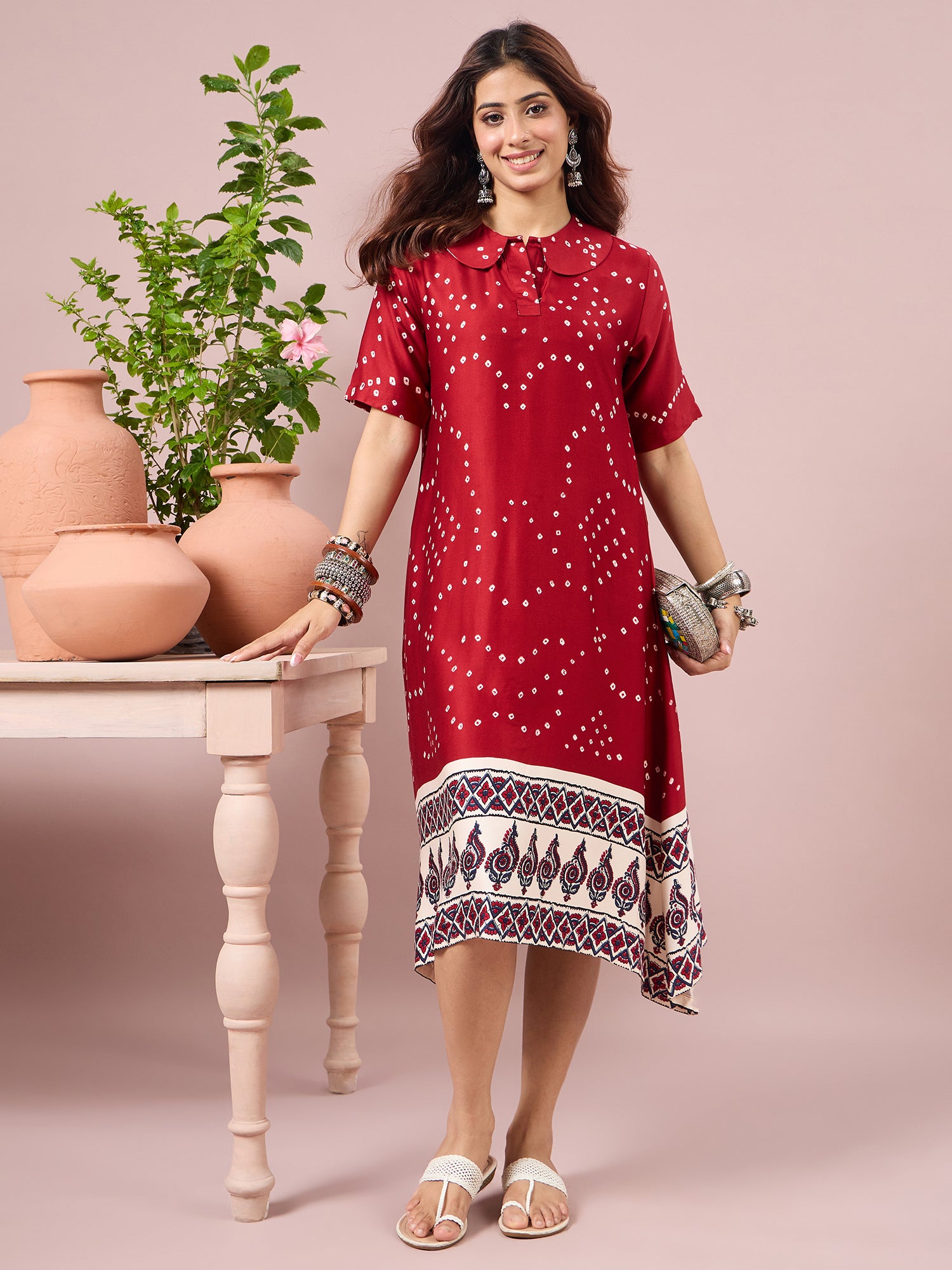 Maroon Badhani Printed Border Dress