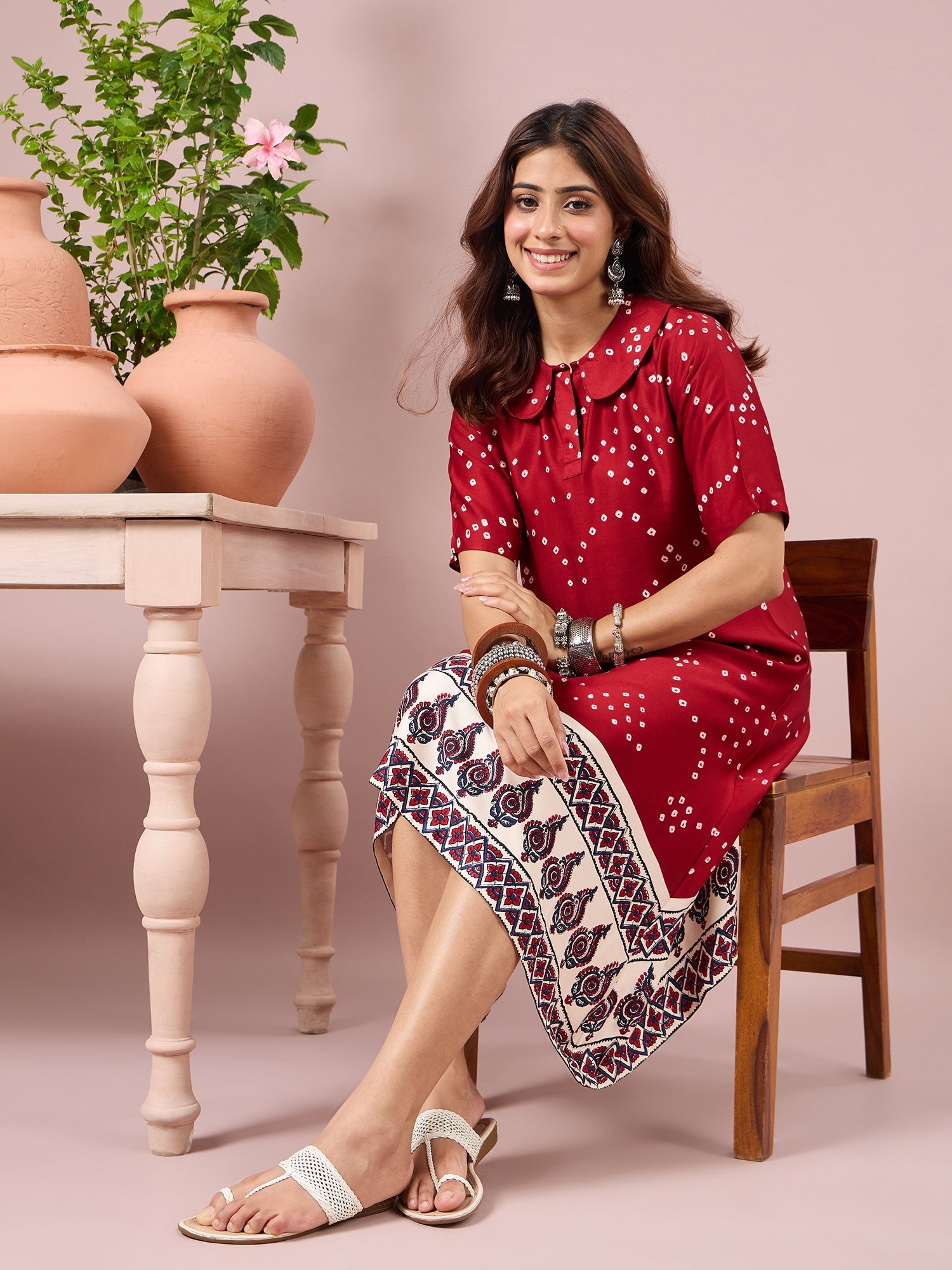 Maroon Badhani Printed Border Dress