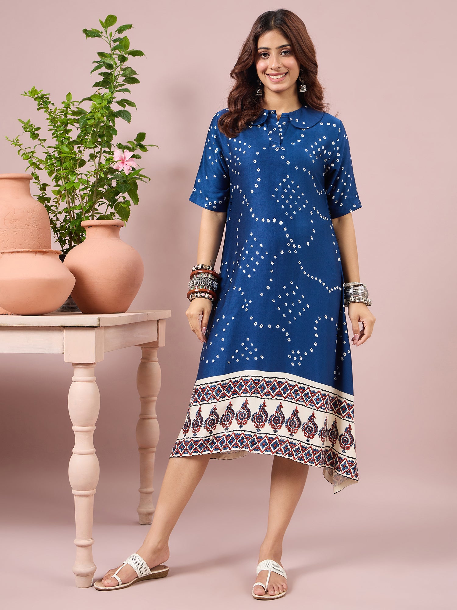 Blue Badhani Printed Border Dress