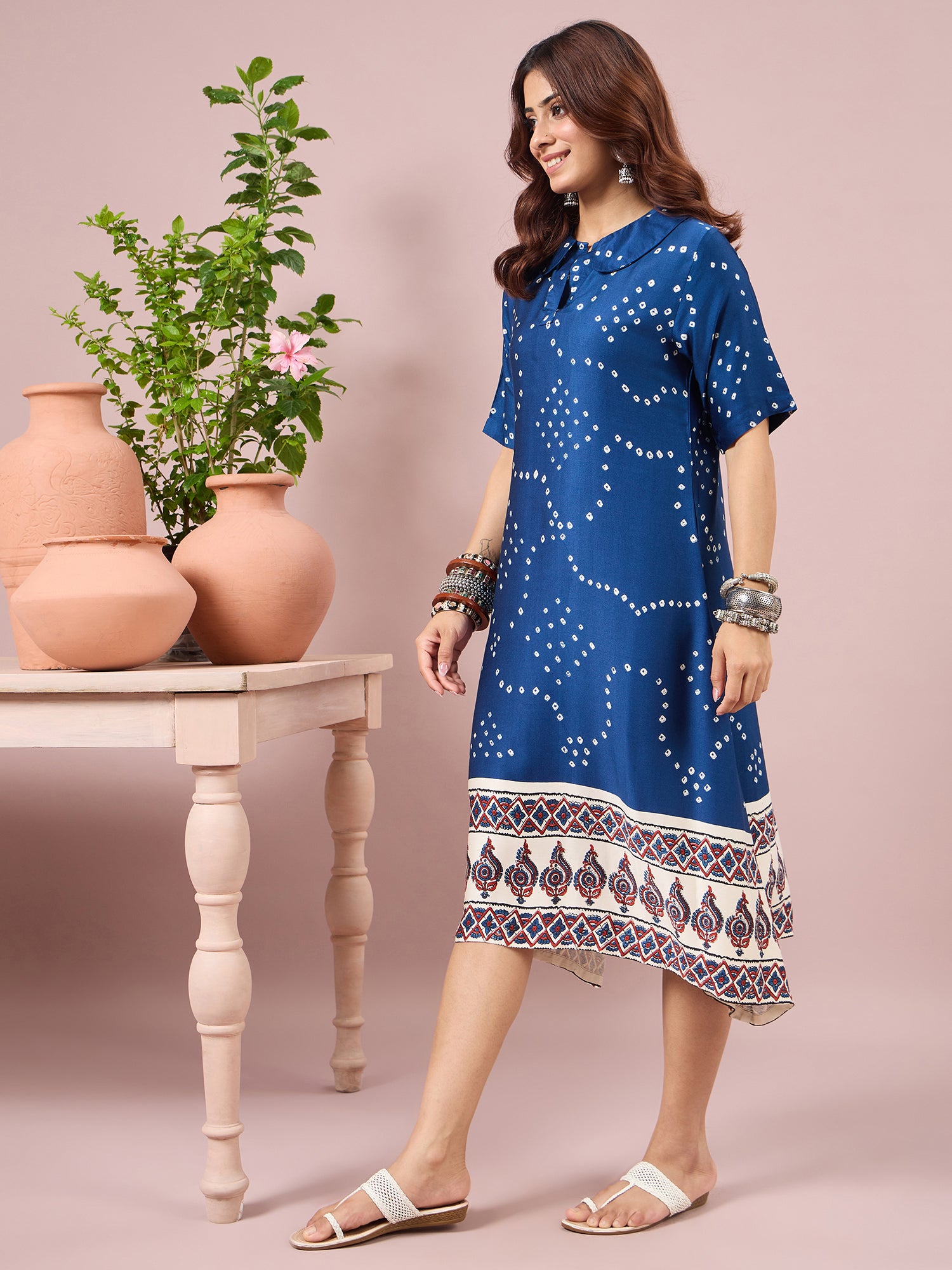 Blue Badhani Printed Border Dress