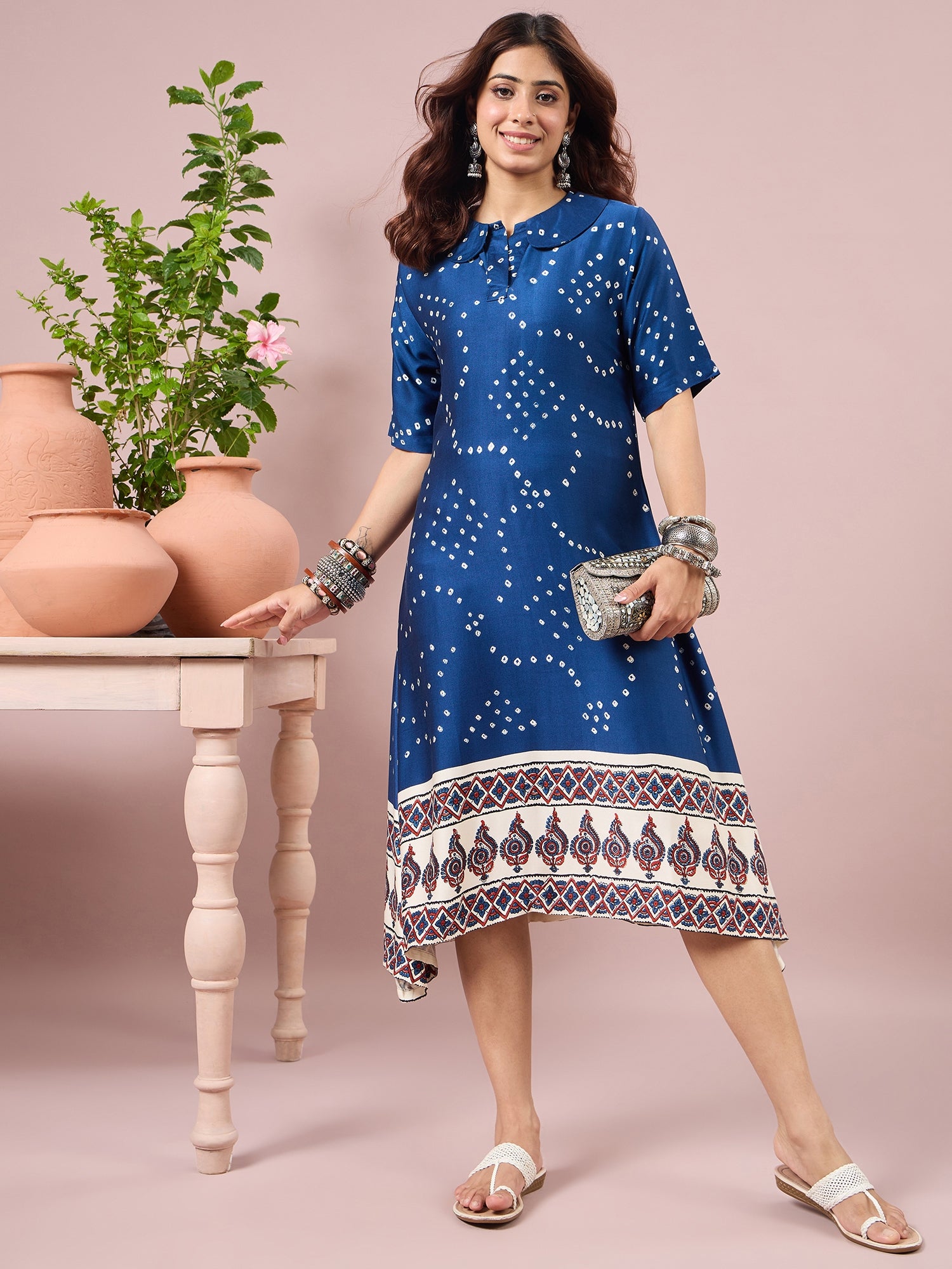Blue Badhani Printed Border Dress