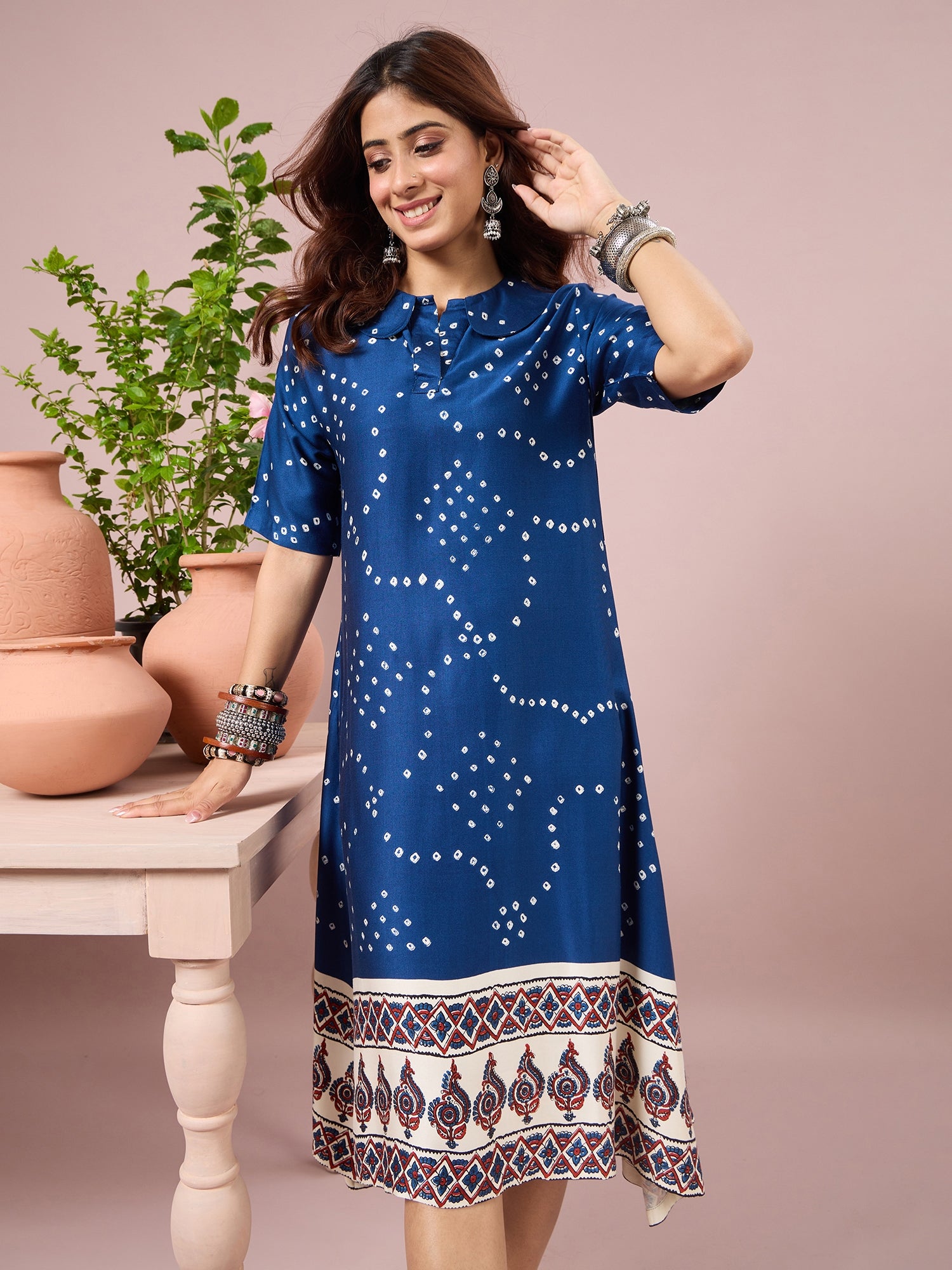 Blue Badhani Printed Border Dress