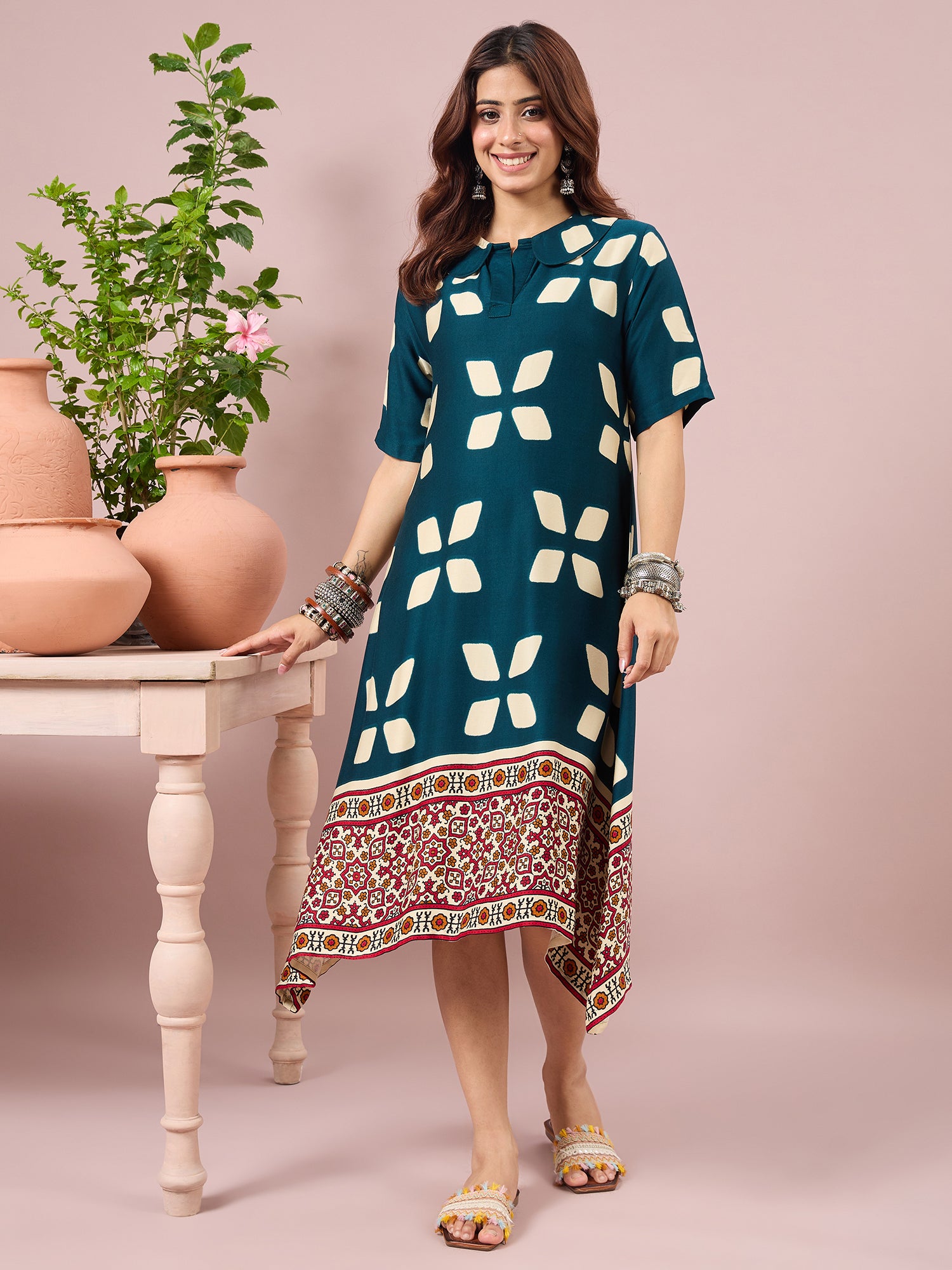 Teal Abstract Printed Border Dress