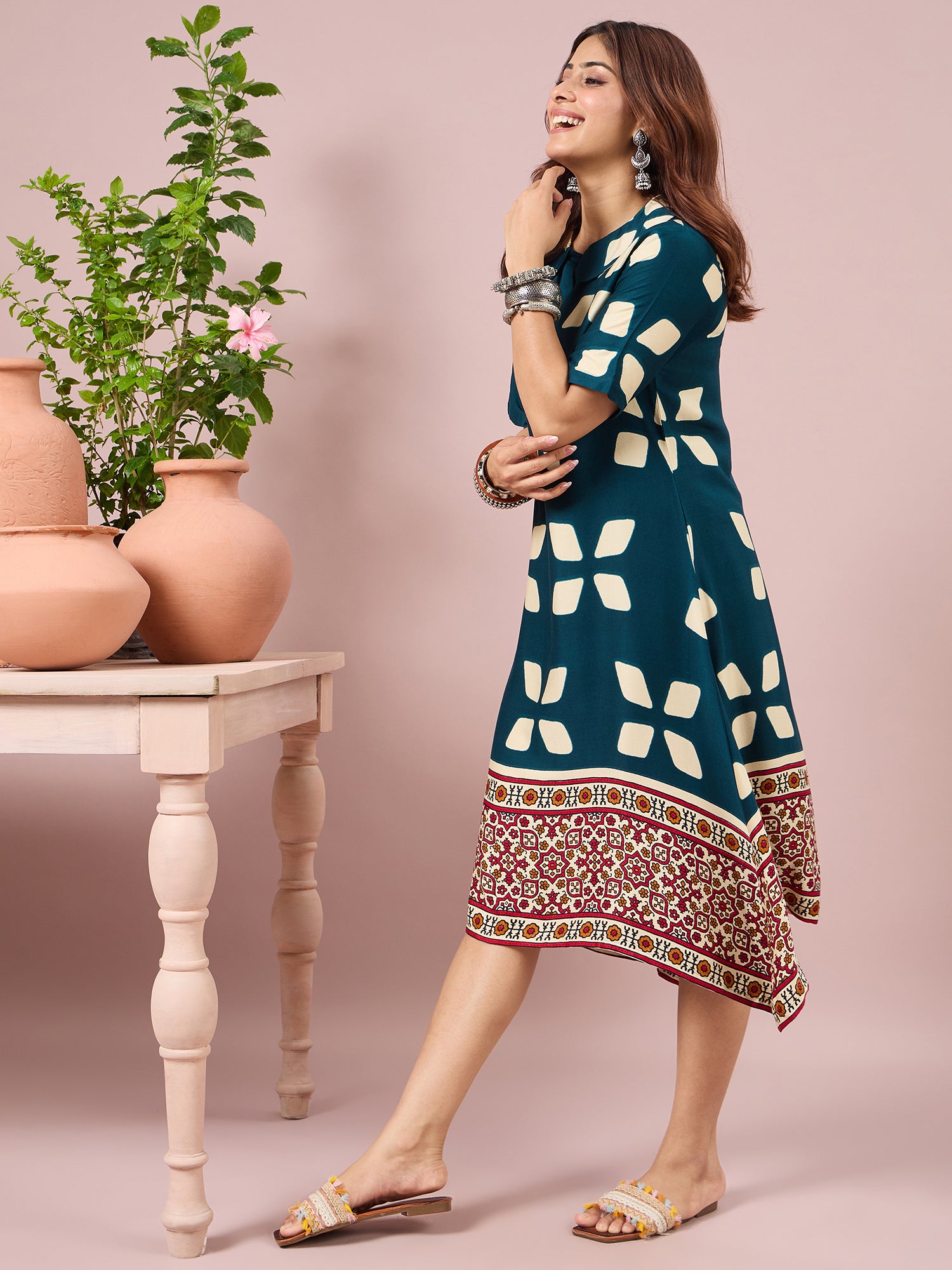 Teal Abstract Printed Border Dress