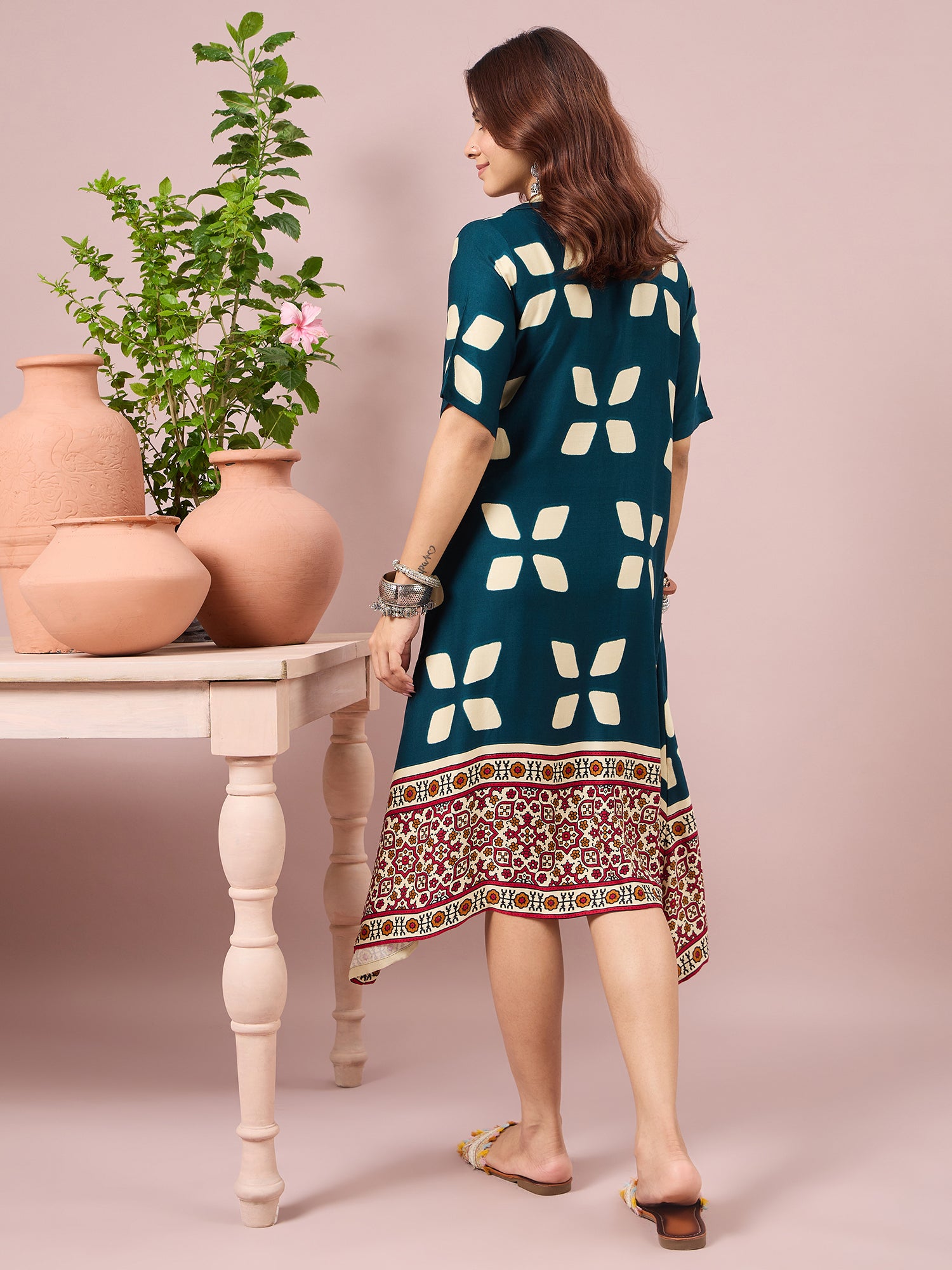 Teal Abstract Printed Border Dress