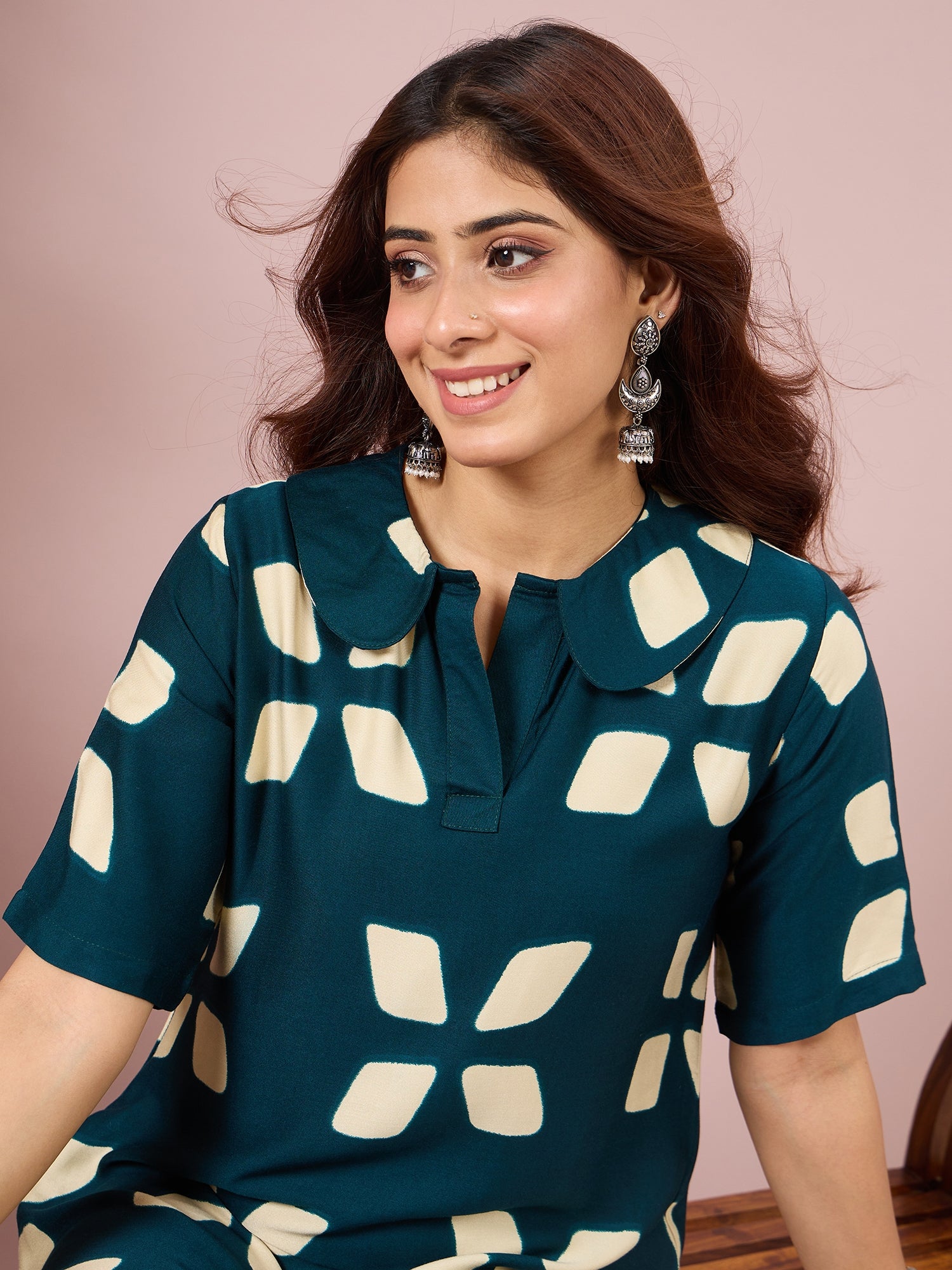 Teal Abstract Printed Border Dress