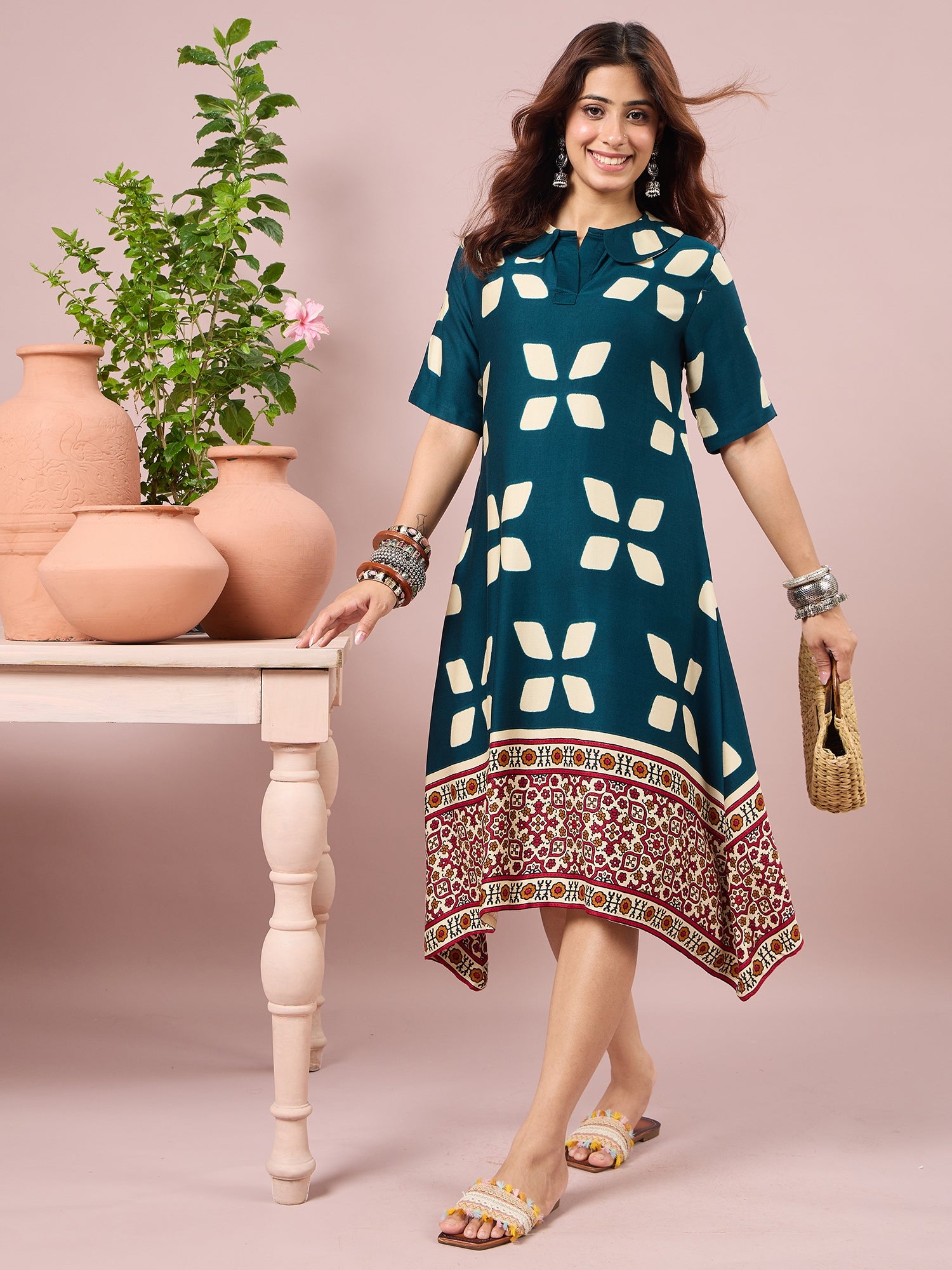 Teal Abstract Printed Border Dress