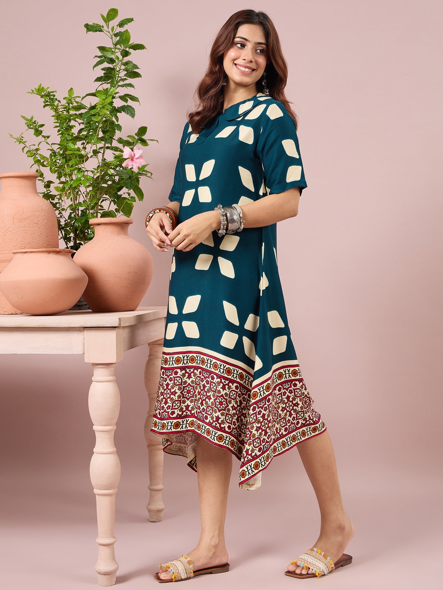 Teal Abstract Printed Border Dress