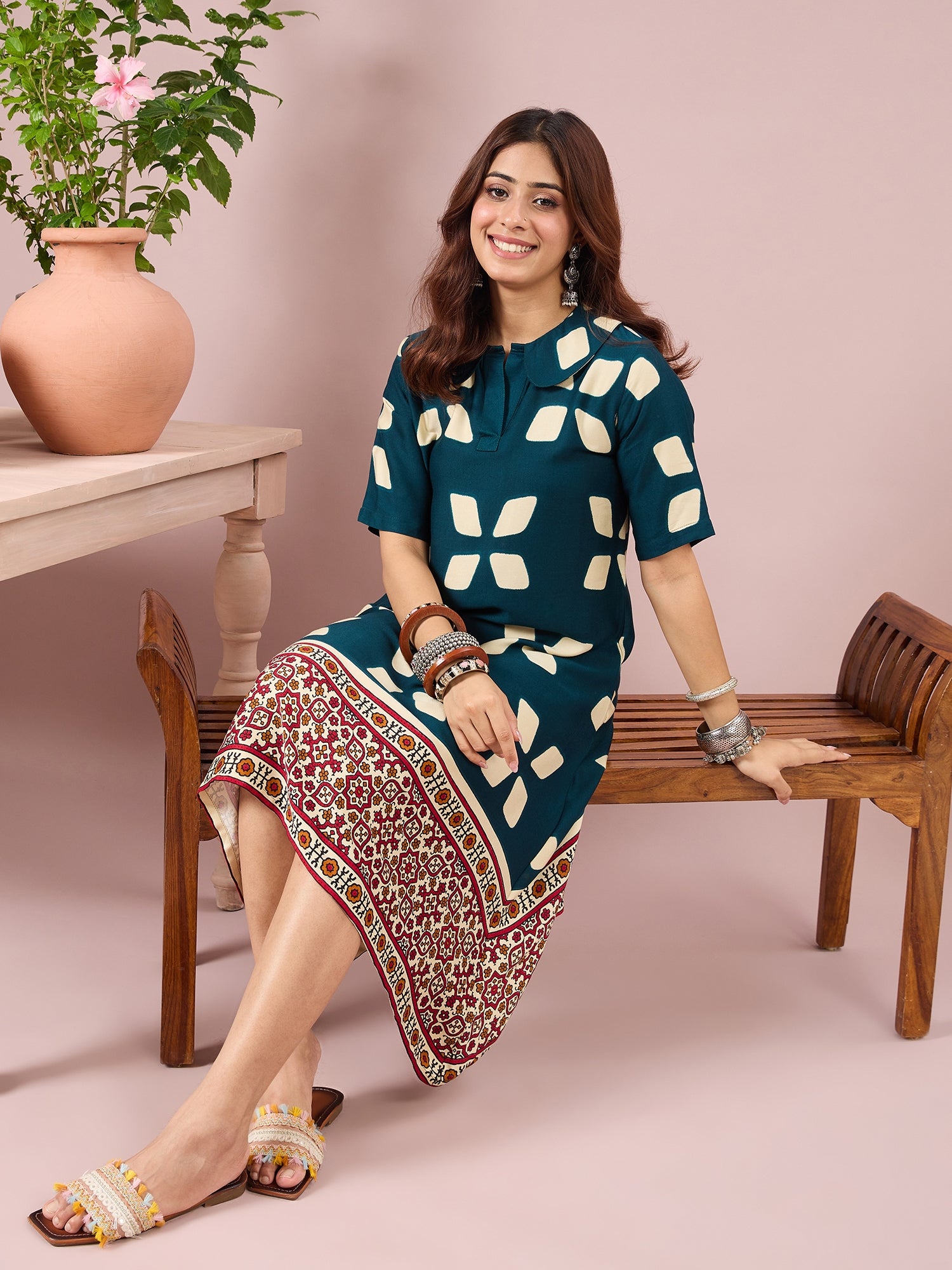 Teal Abstract Printed Border Dress