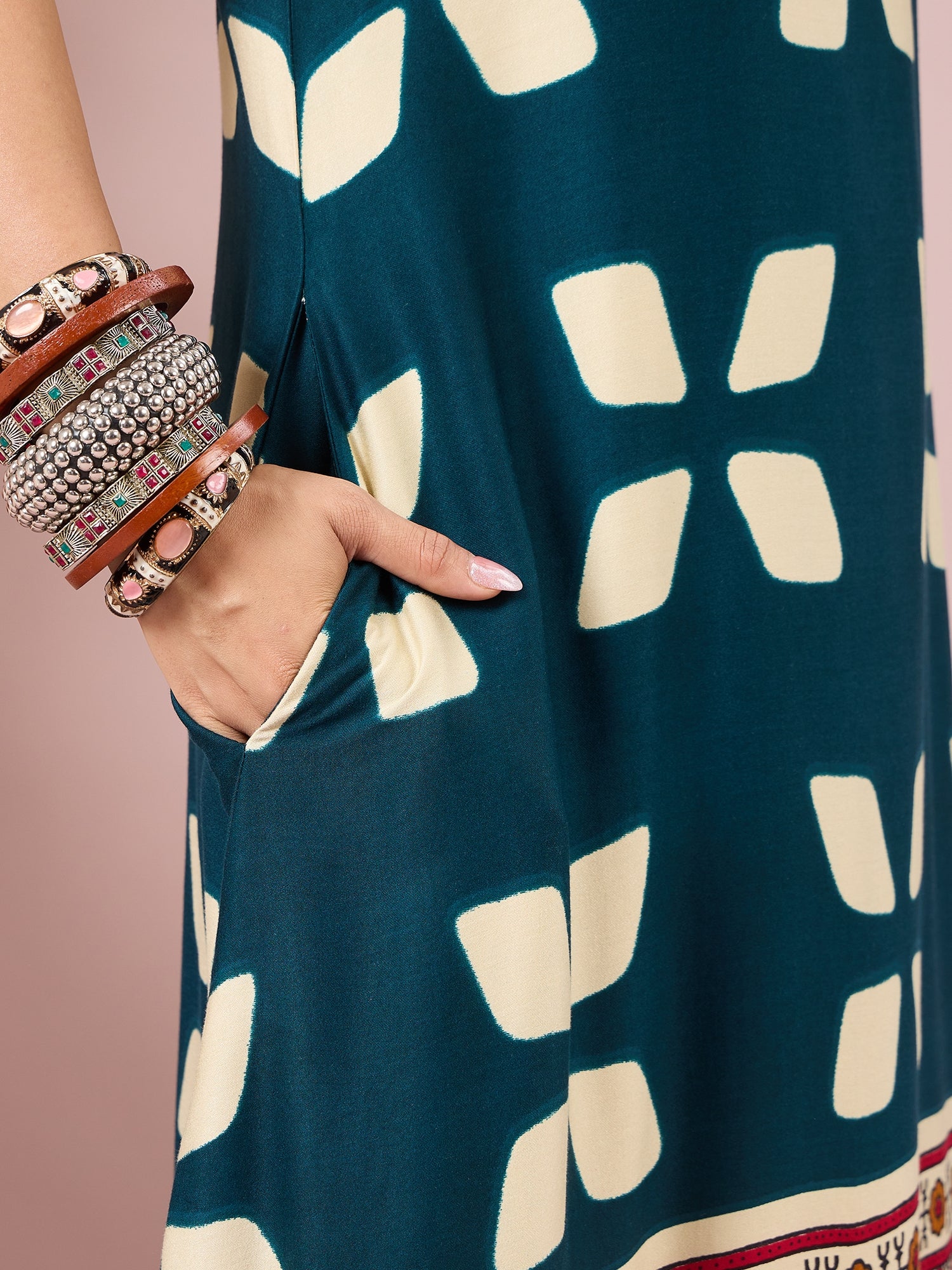 Teal Abstract Printed Border Dress