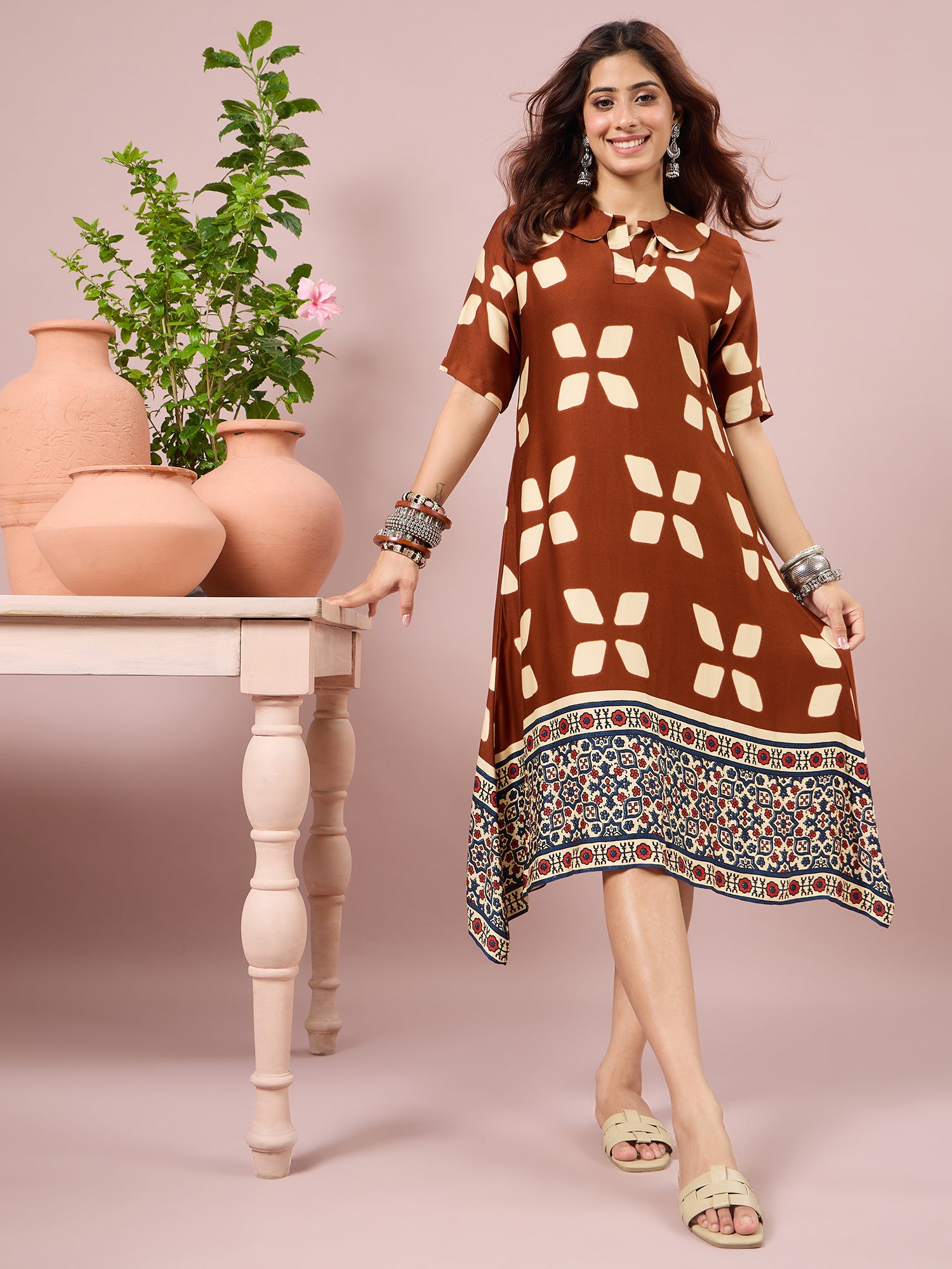 Brown Abstract Printed Border Dress
