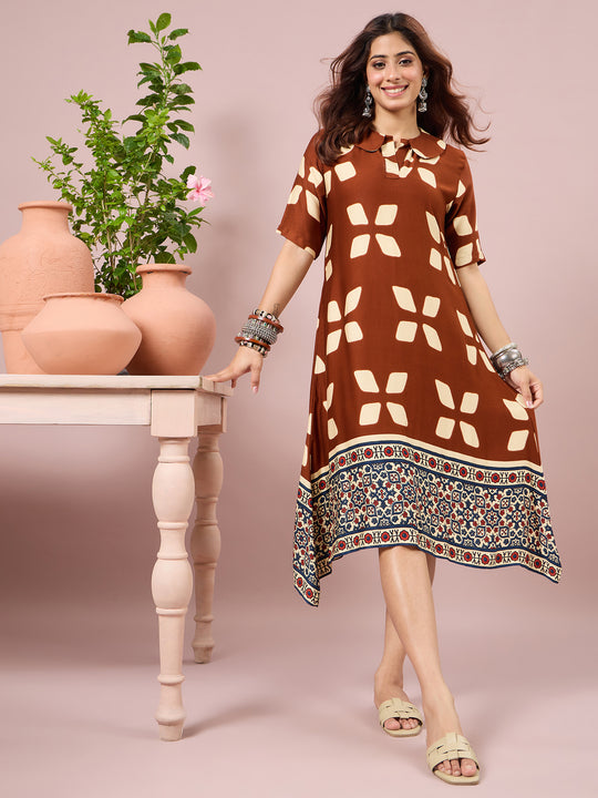 Brown Abstract Printed Border Dress