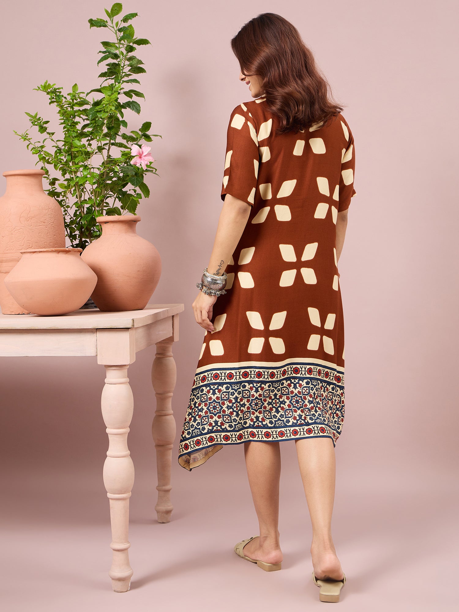 Brown Abstract Printed Border Dress