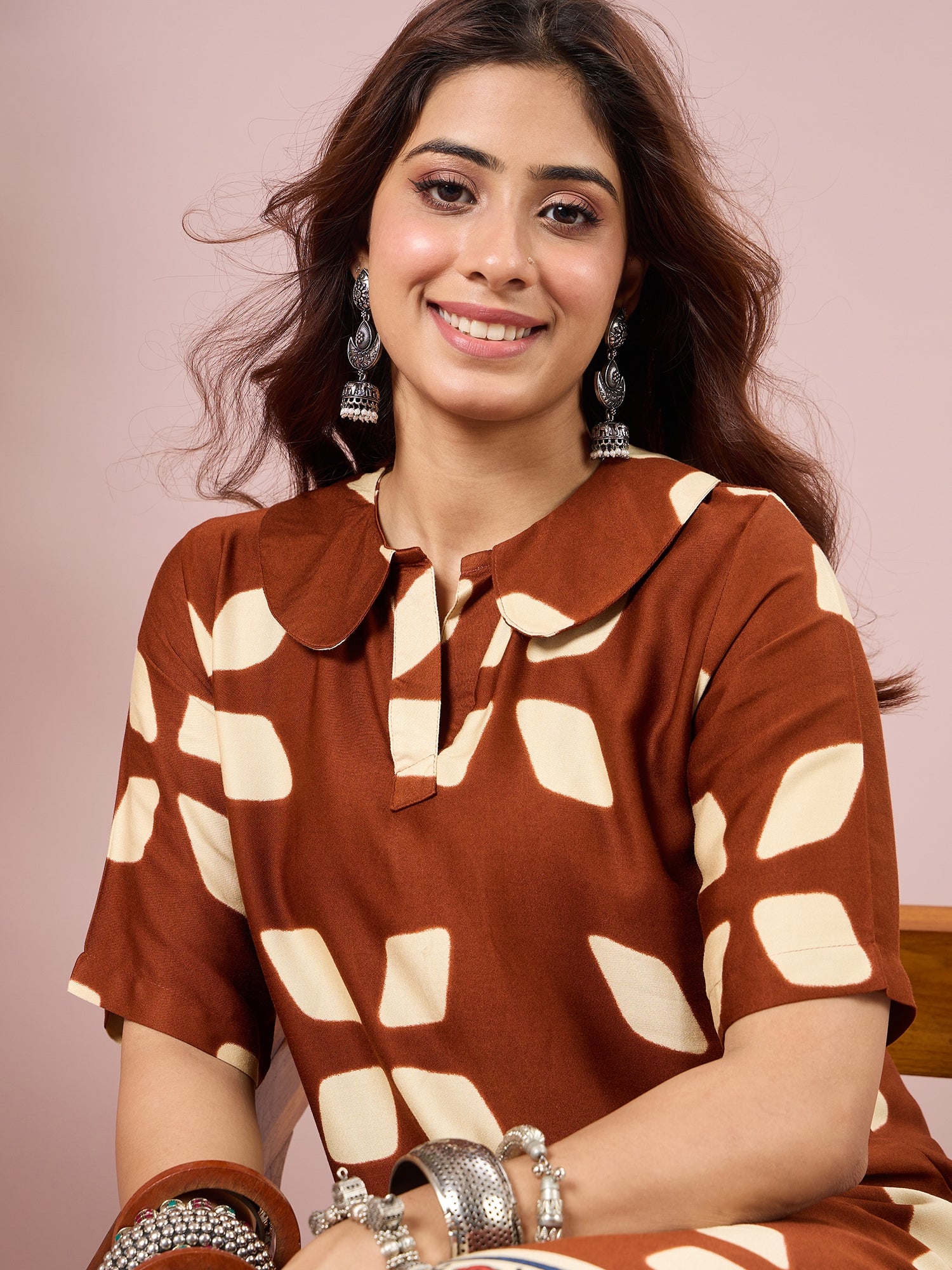 Brown Abstract Printed Border Dress