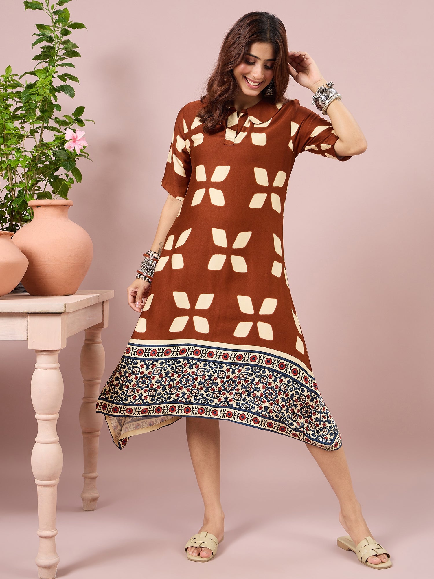 Brown Abstract Printed Border Dress