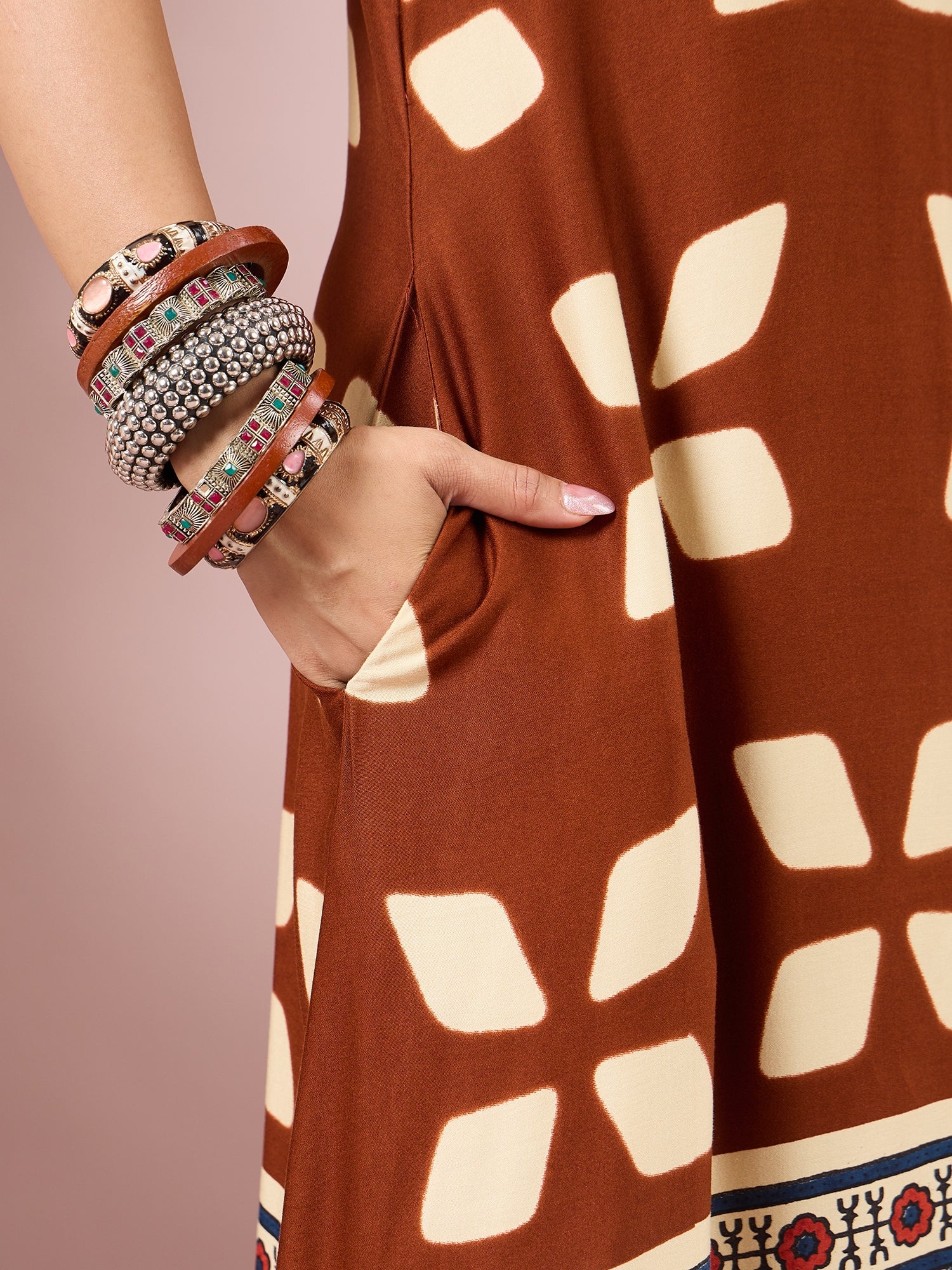 Brown Abstract Printed Border Dress
